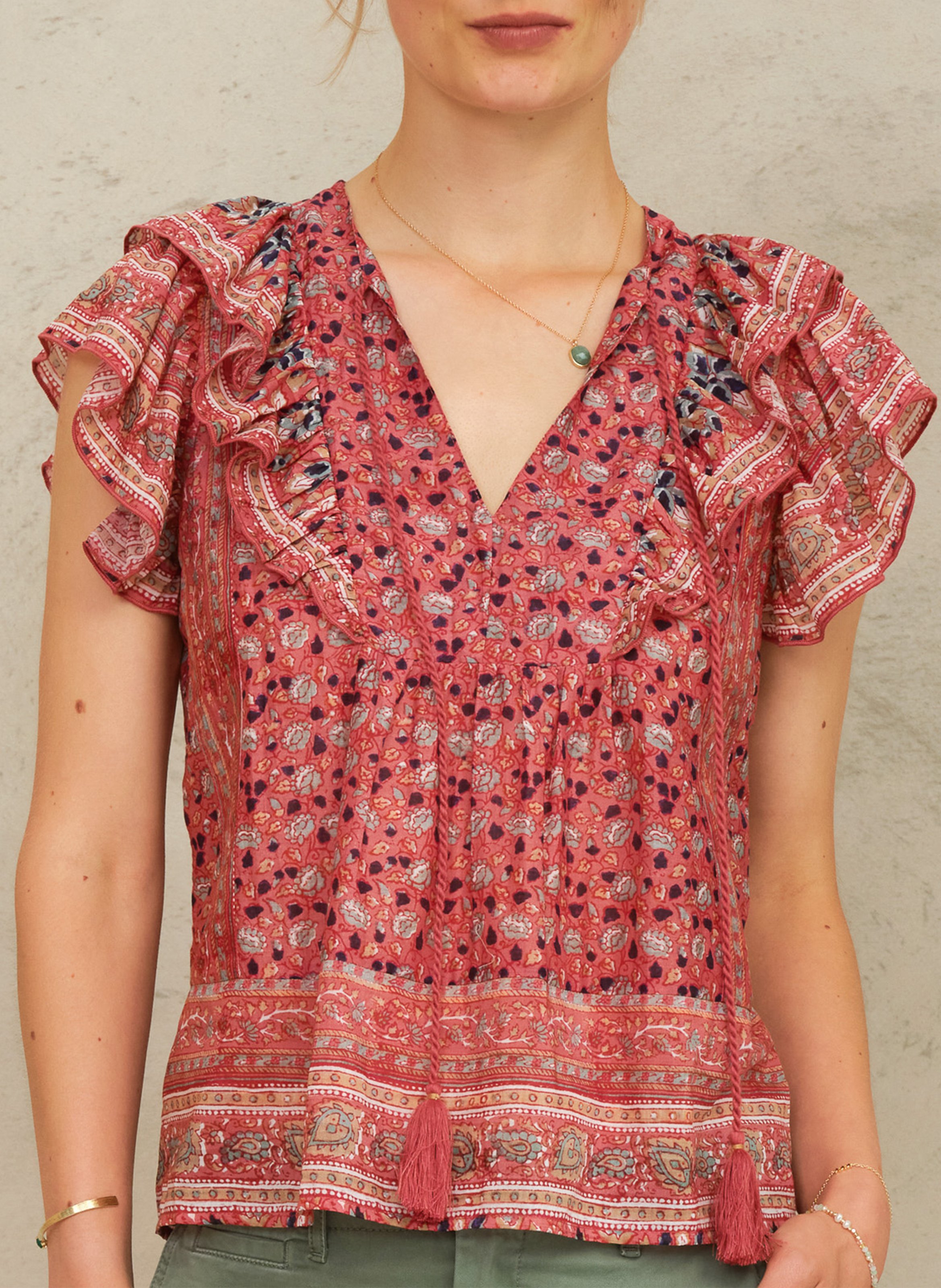Blouse droite col V en coton imprimé M.A.B.E Rose