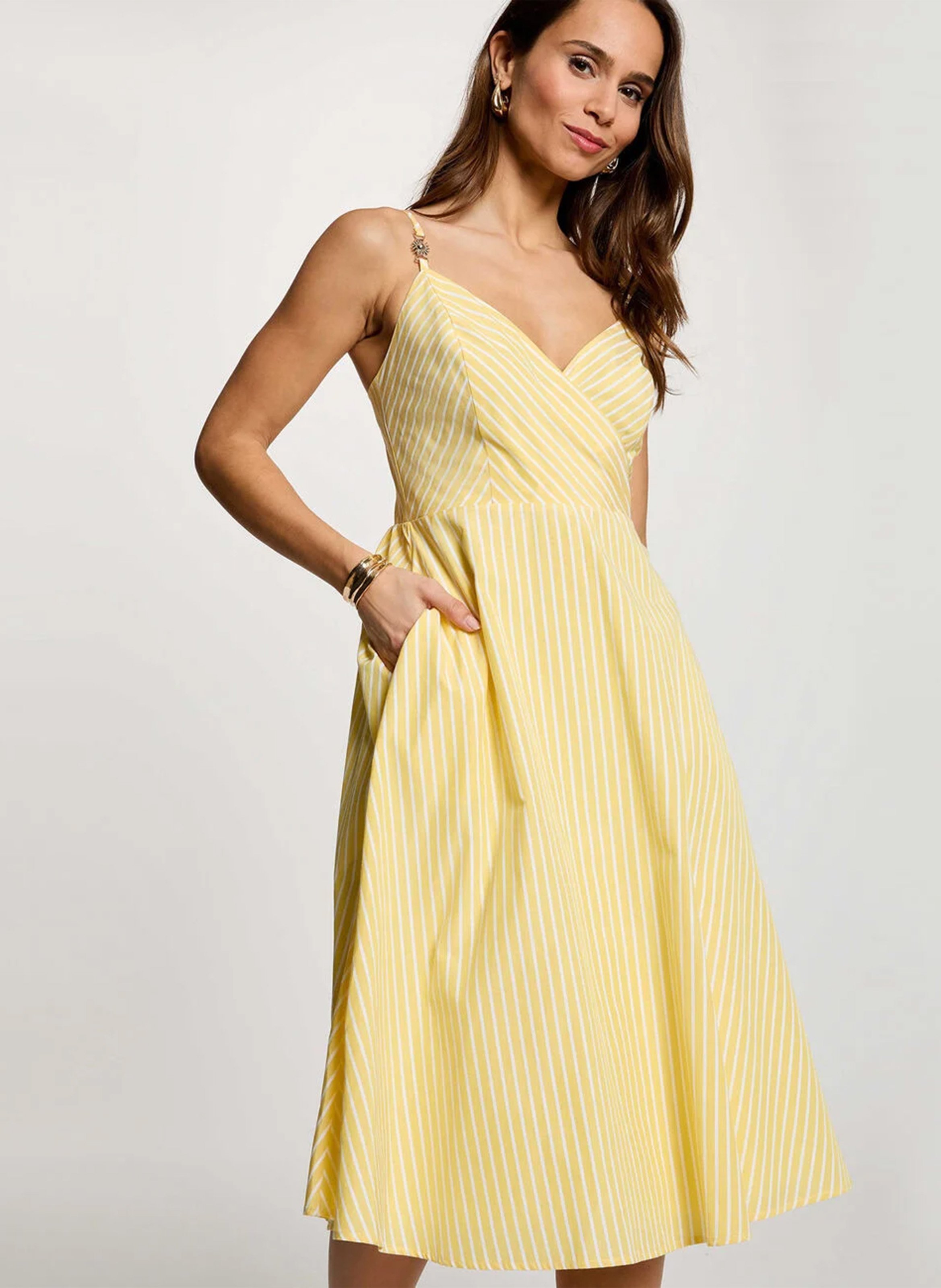 Striped wrap-over midi dress MORGAN Yellow