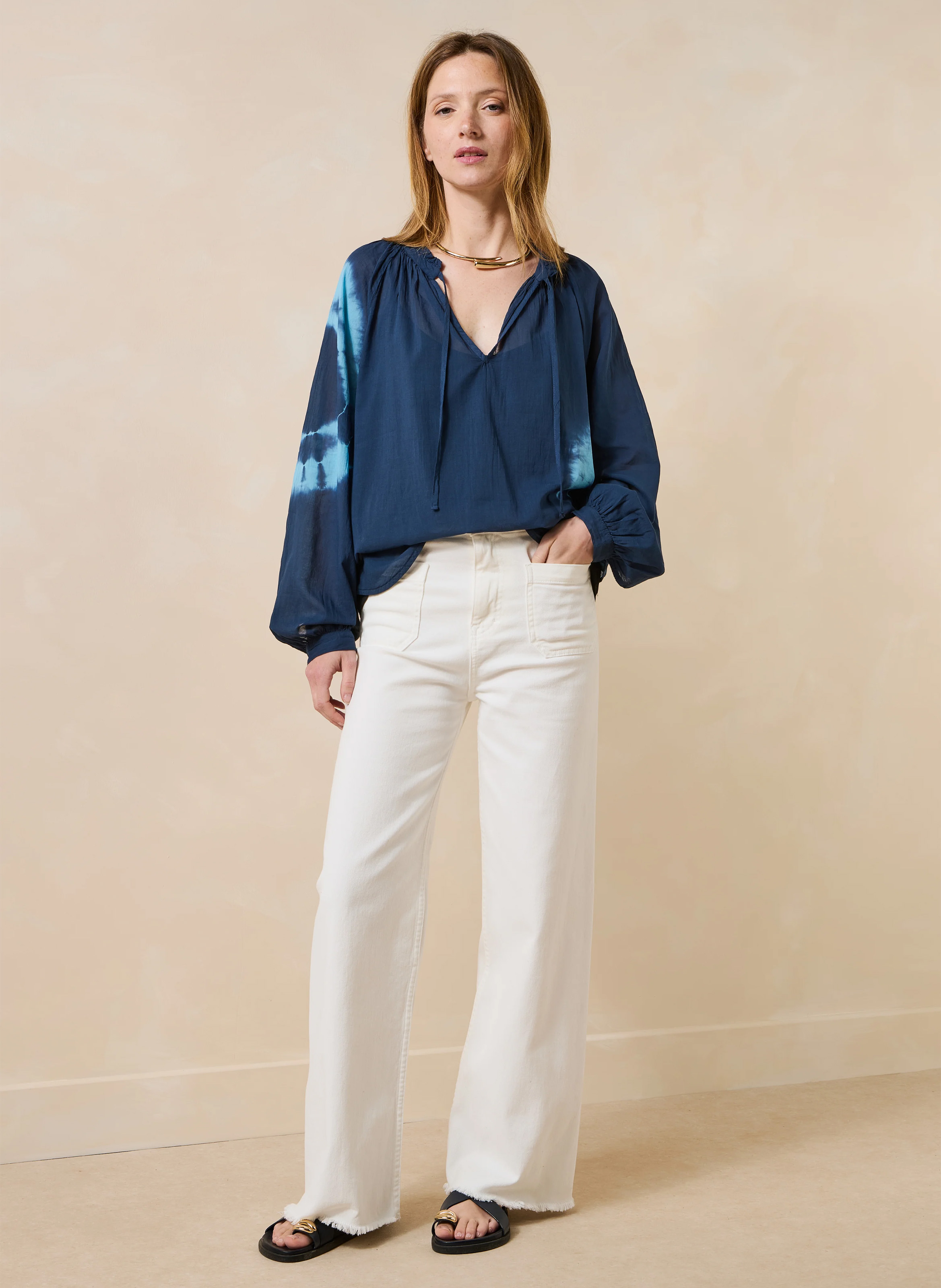 Blouse col tunisien en coton LA FEE MARABOUTEE Bleu