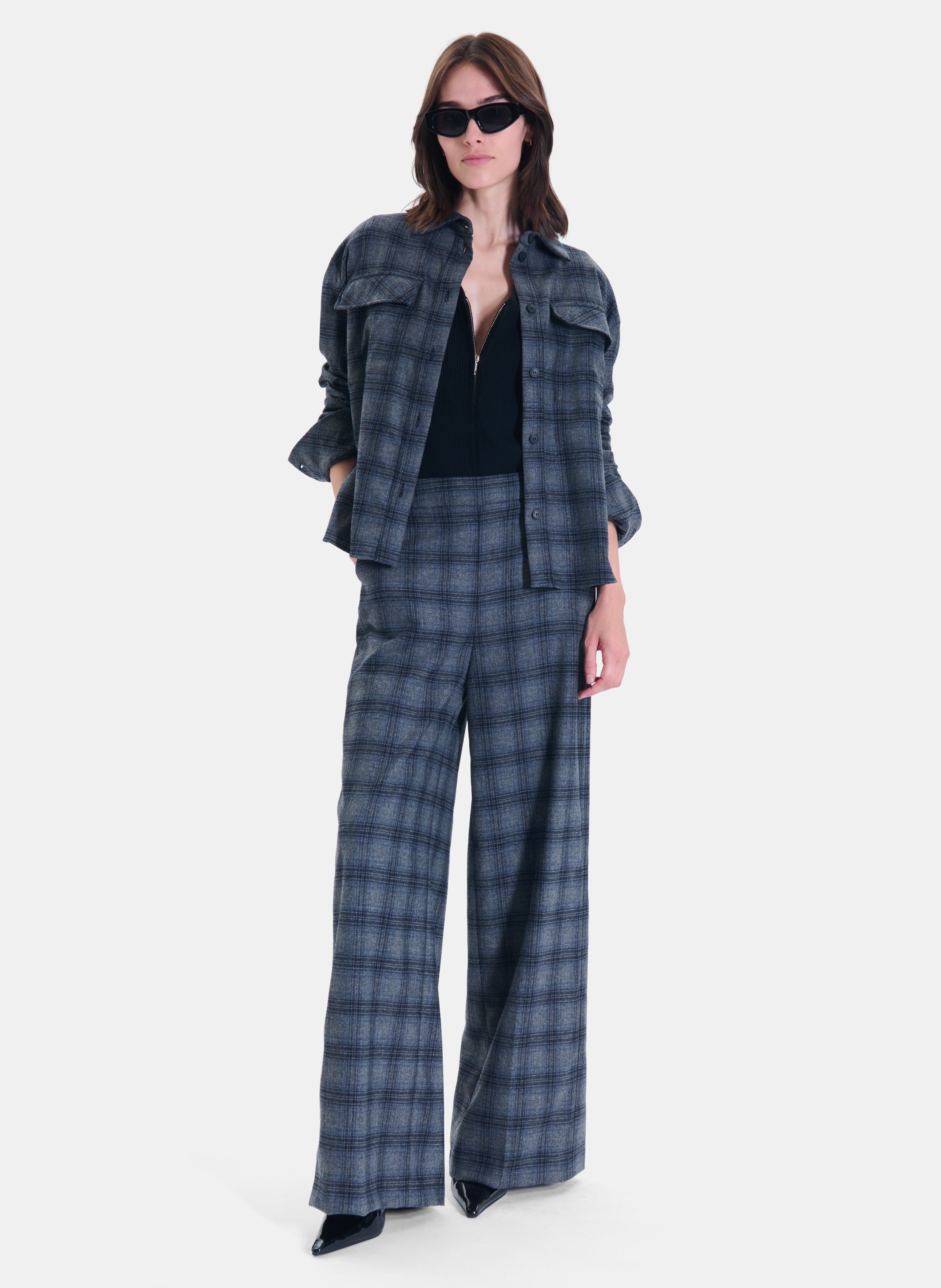 Pantalon large taille haute en laine mélangée ZAPA Gris
