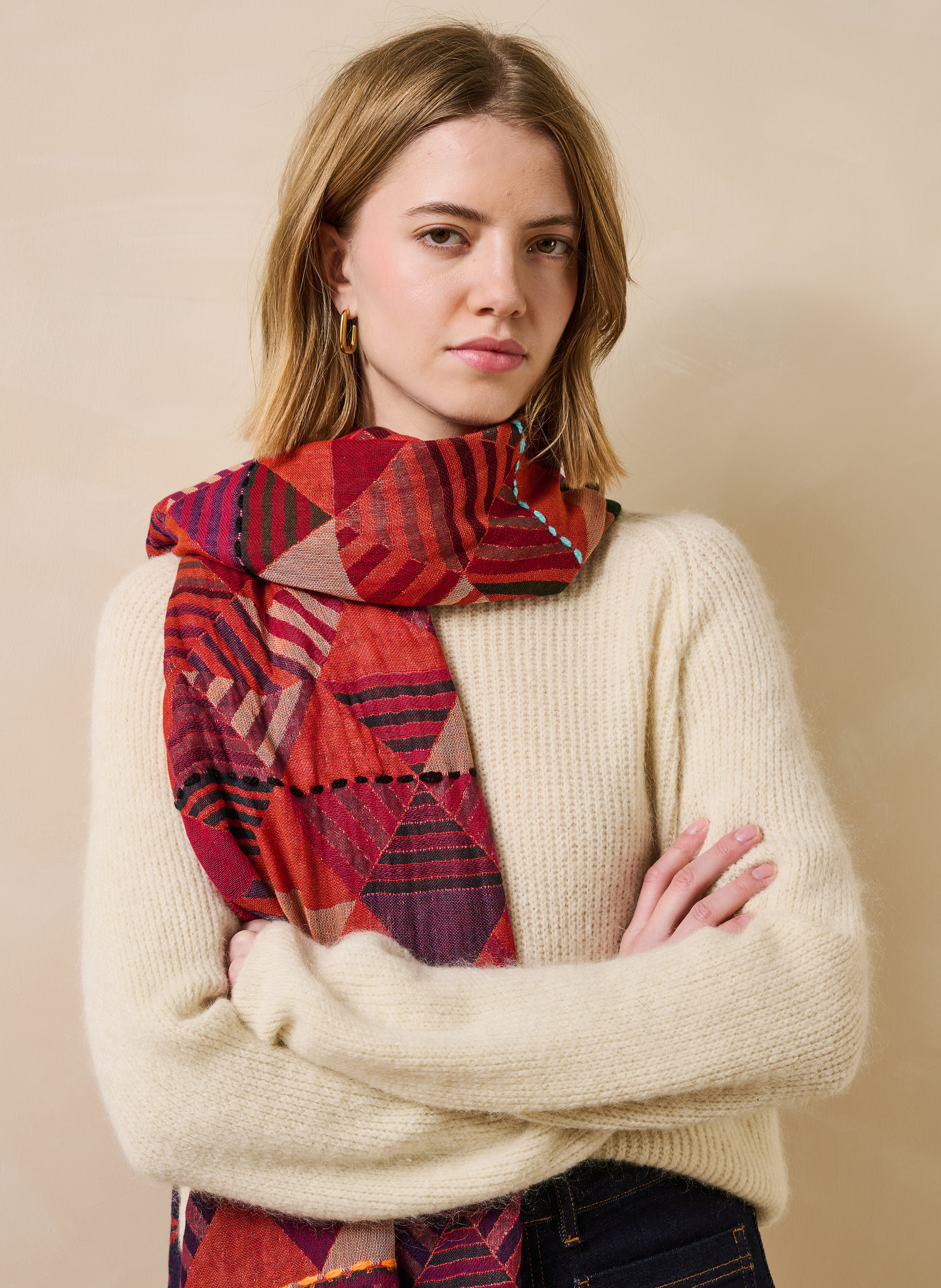 Printed wool and cotton scarf LA FEE MARABOUTEE Red