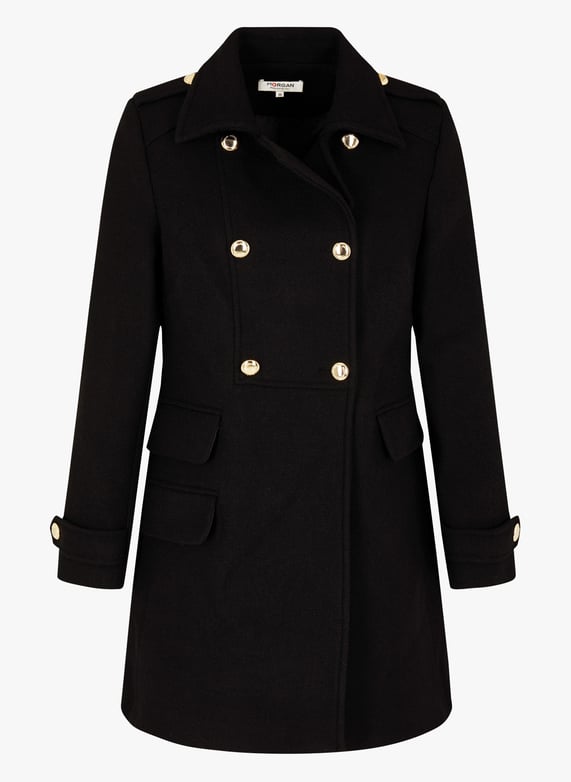 Manteau droit col classique en laine melangee Noir