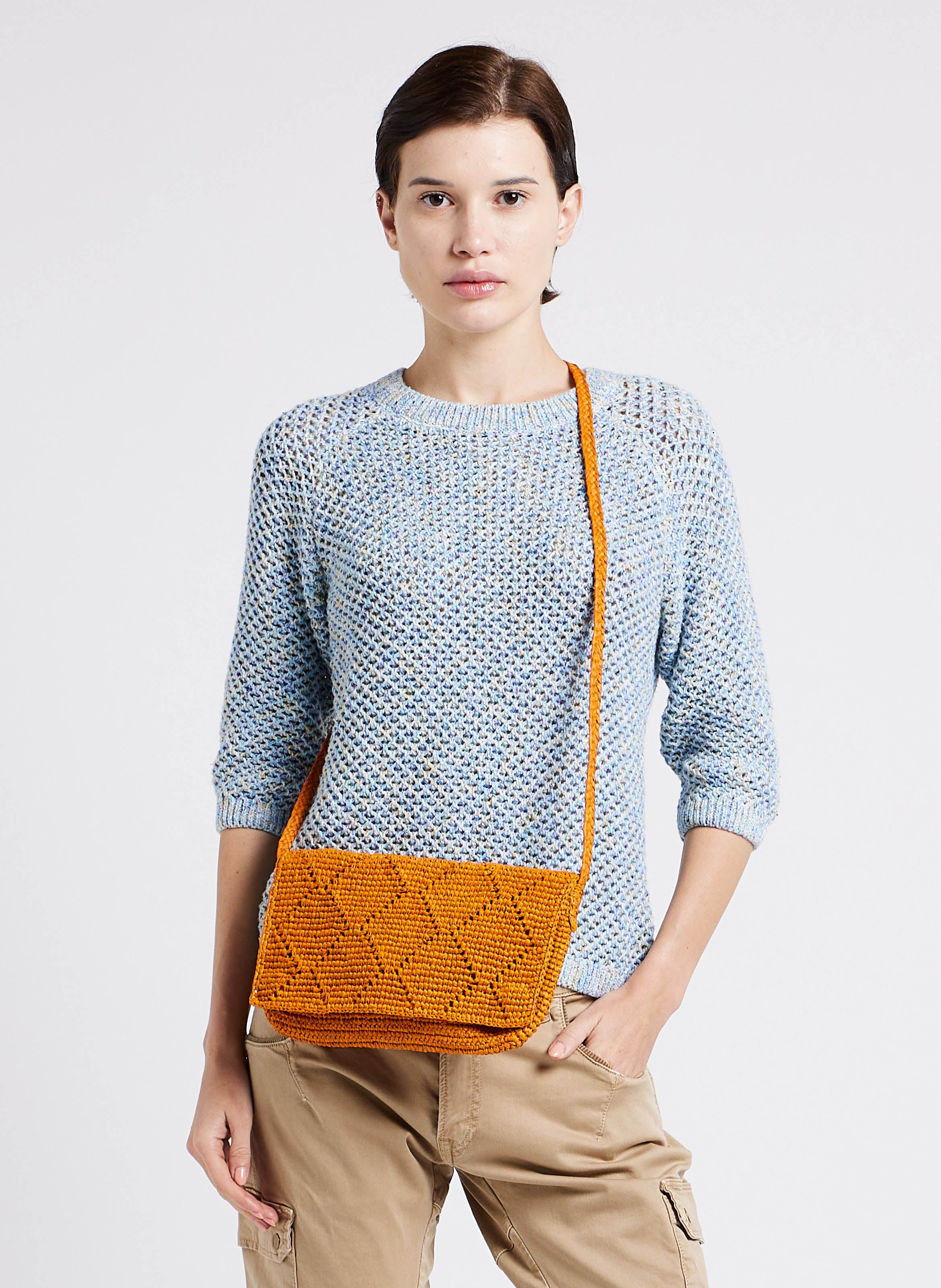 Schoudertas met gaatjespatroon van gevlochten raffia CAMALYA Geel