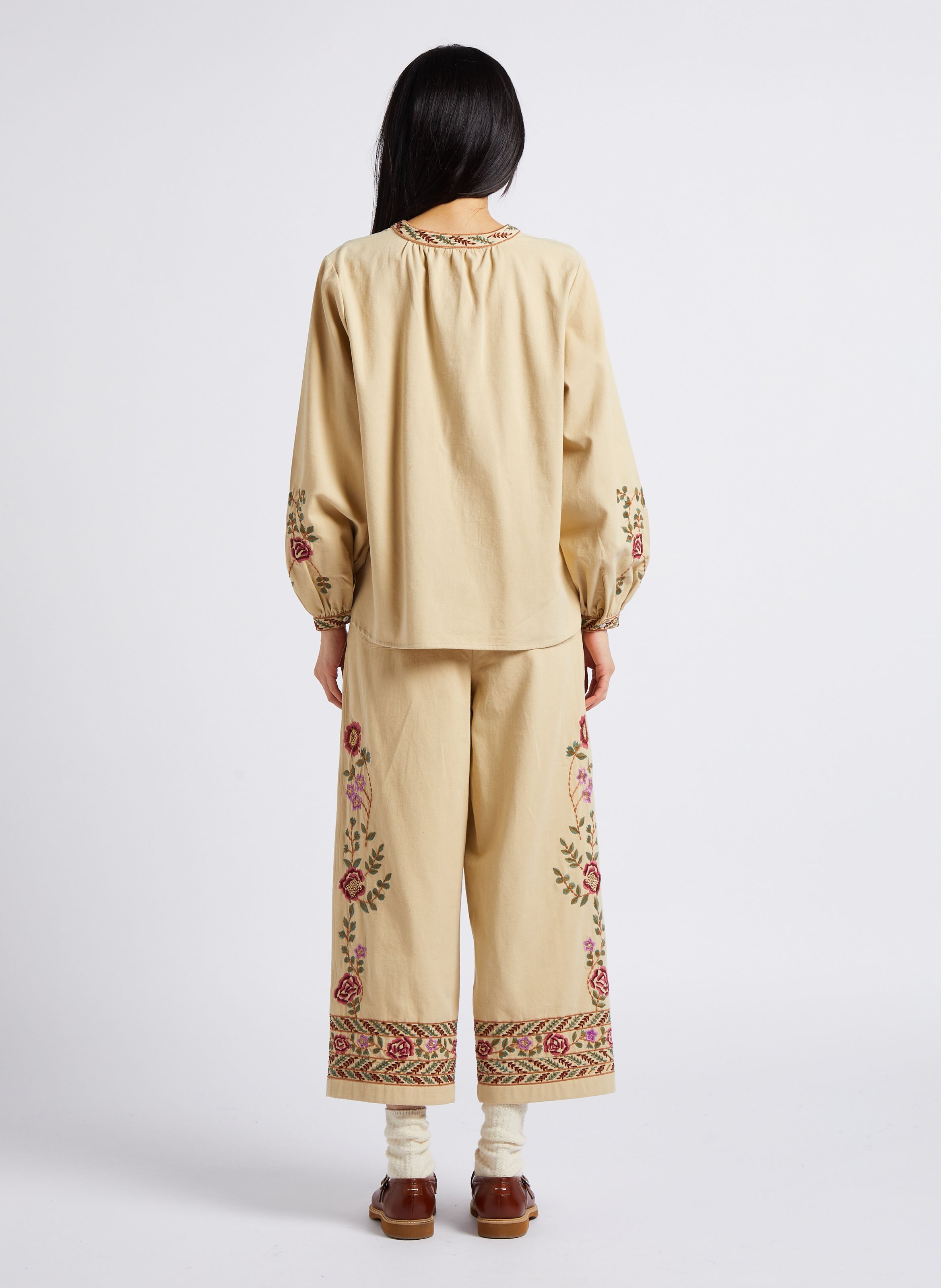 Pantalon large taille haute brodé en coton bio LOUISE MISHA Marron