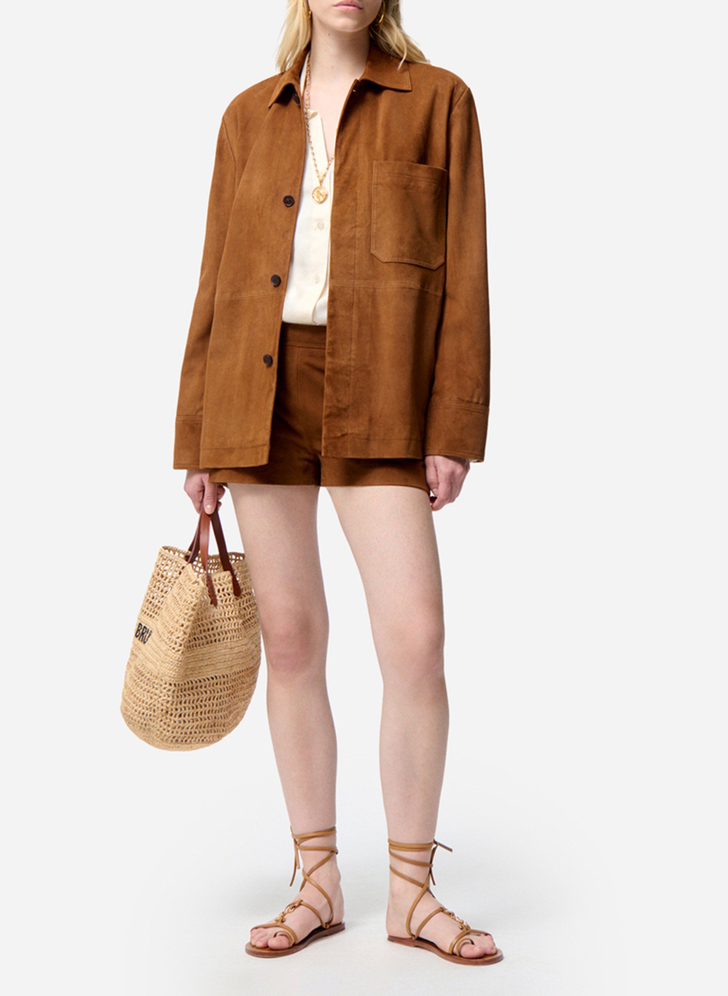 Recht, leren jasje met klassieke kraag VANESSA BRUNO Bruin