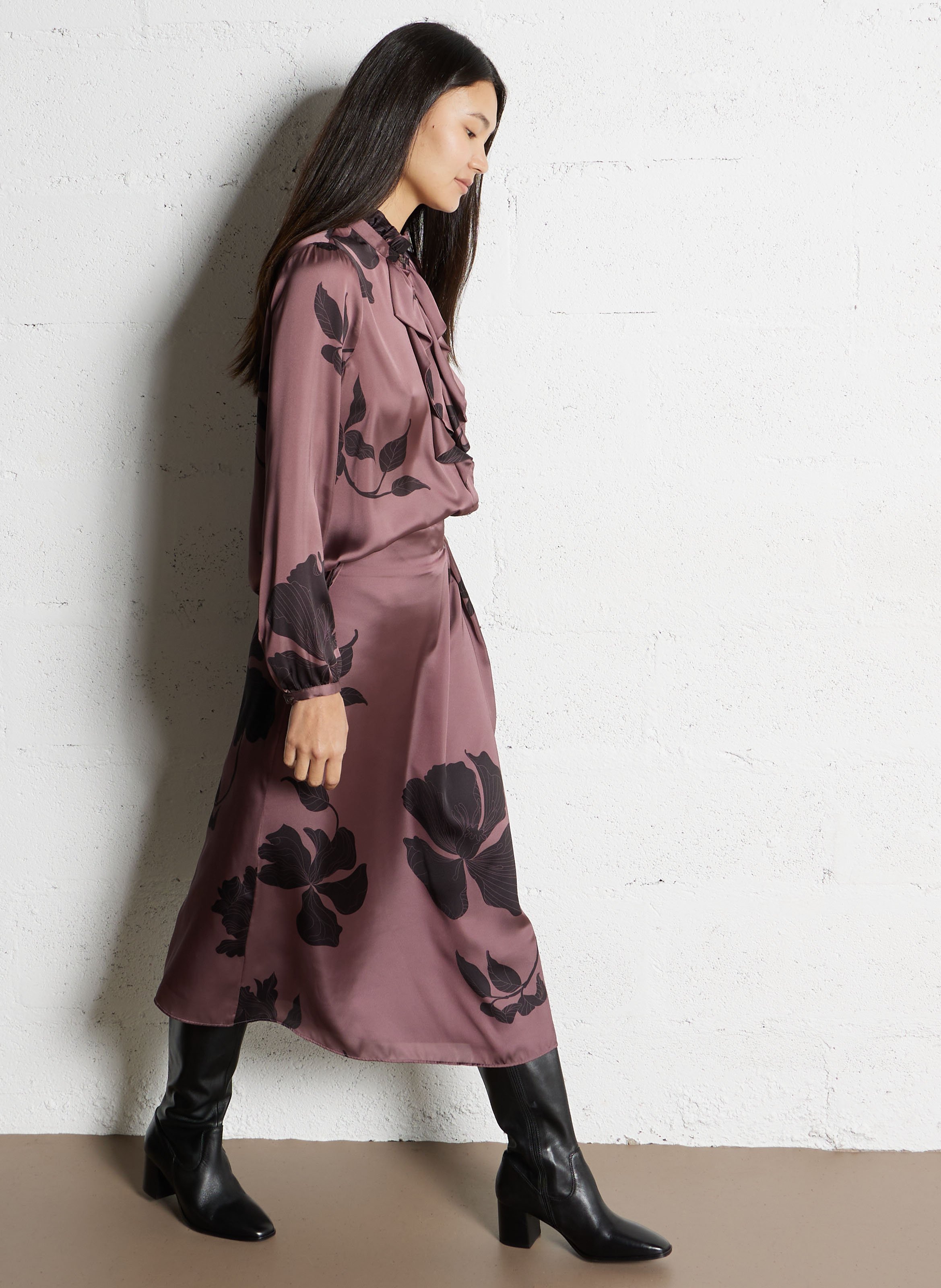 Loose blouse with floral ruffled jabot IKKS Brown