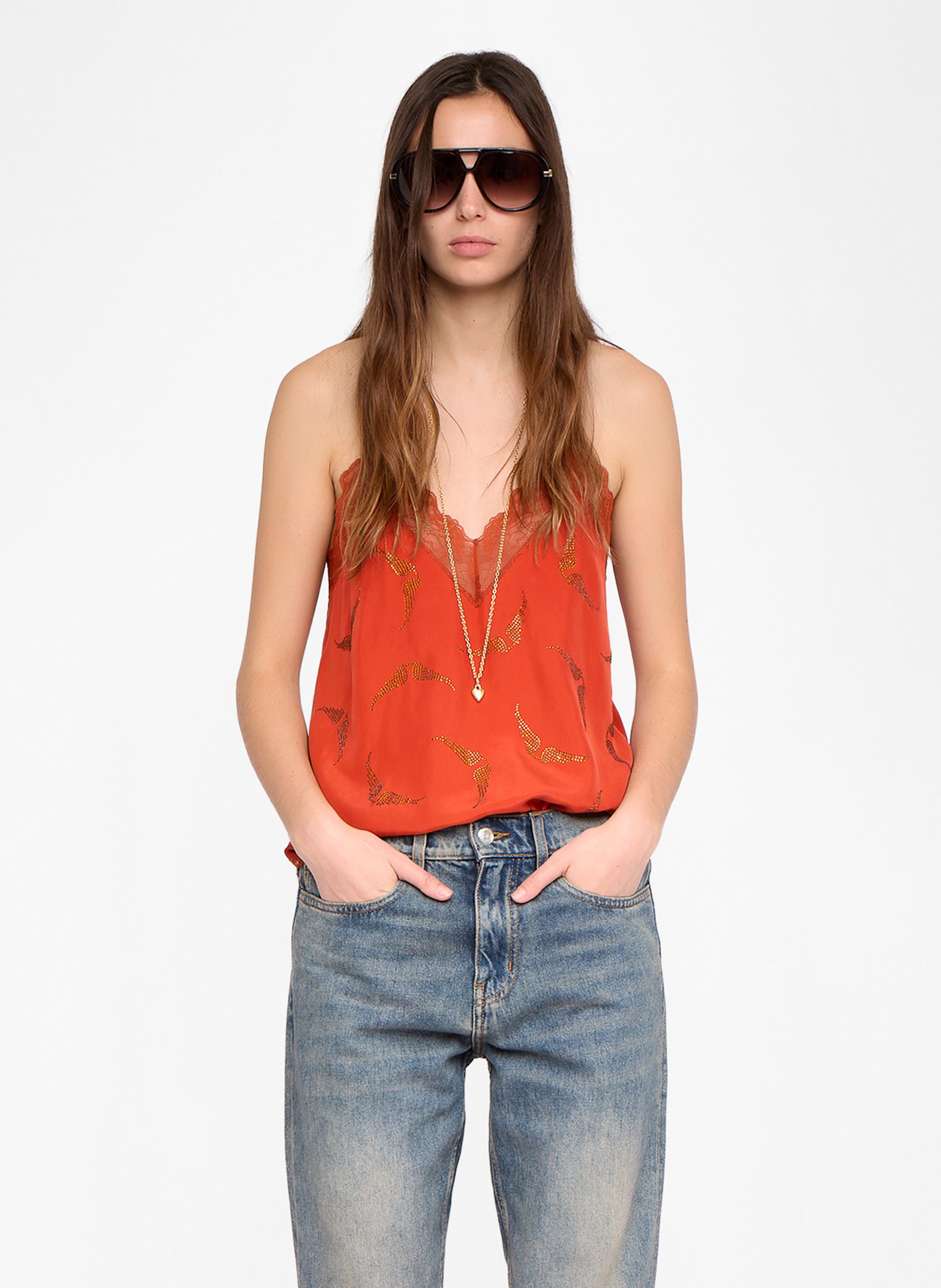 Top bretelles à strass et dentelle en soie ZADIG&VOLTAIRE Orange