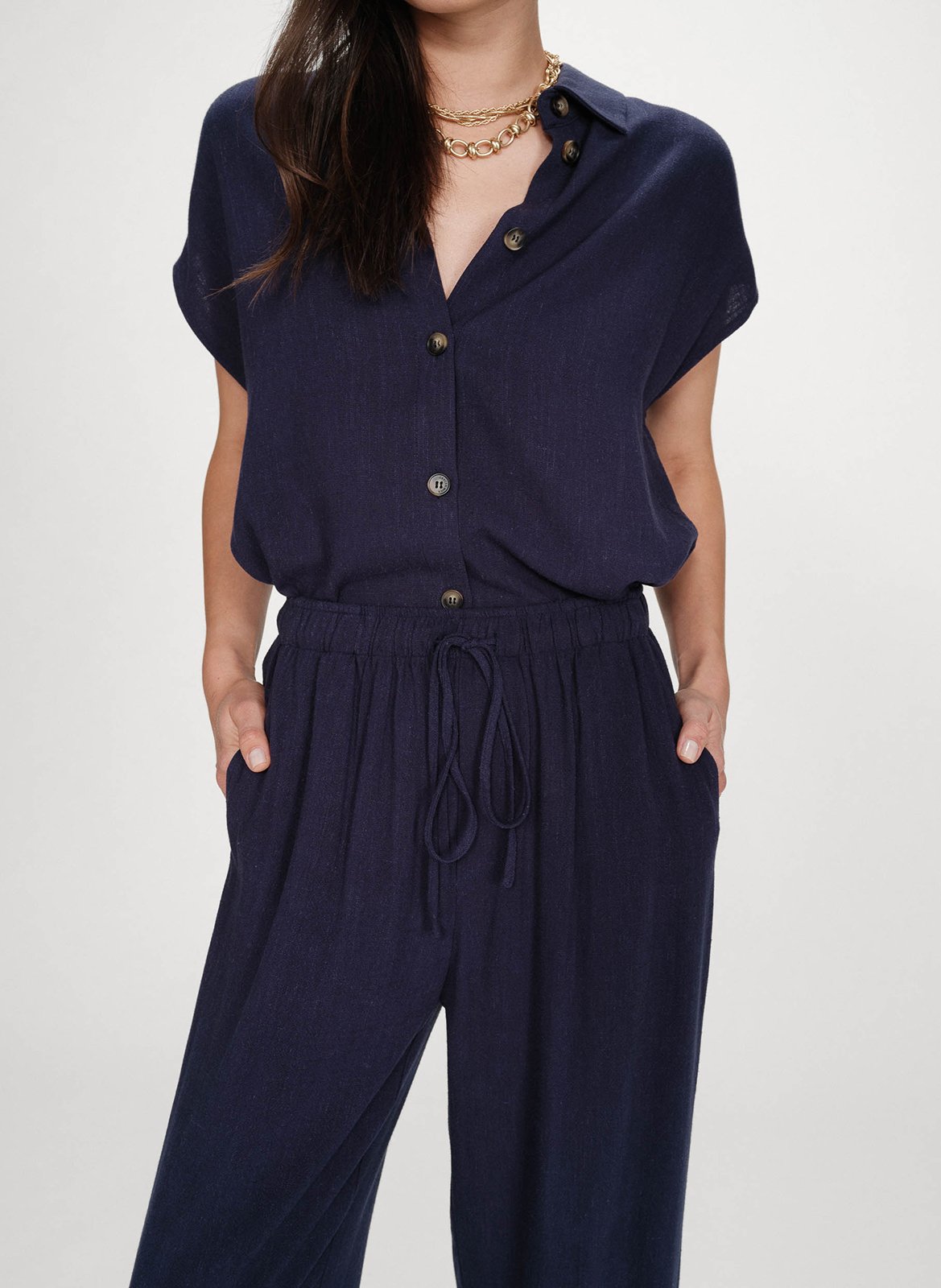 Pantalon long taille haute uni Bleu