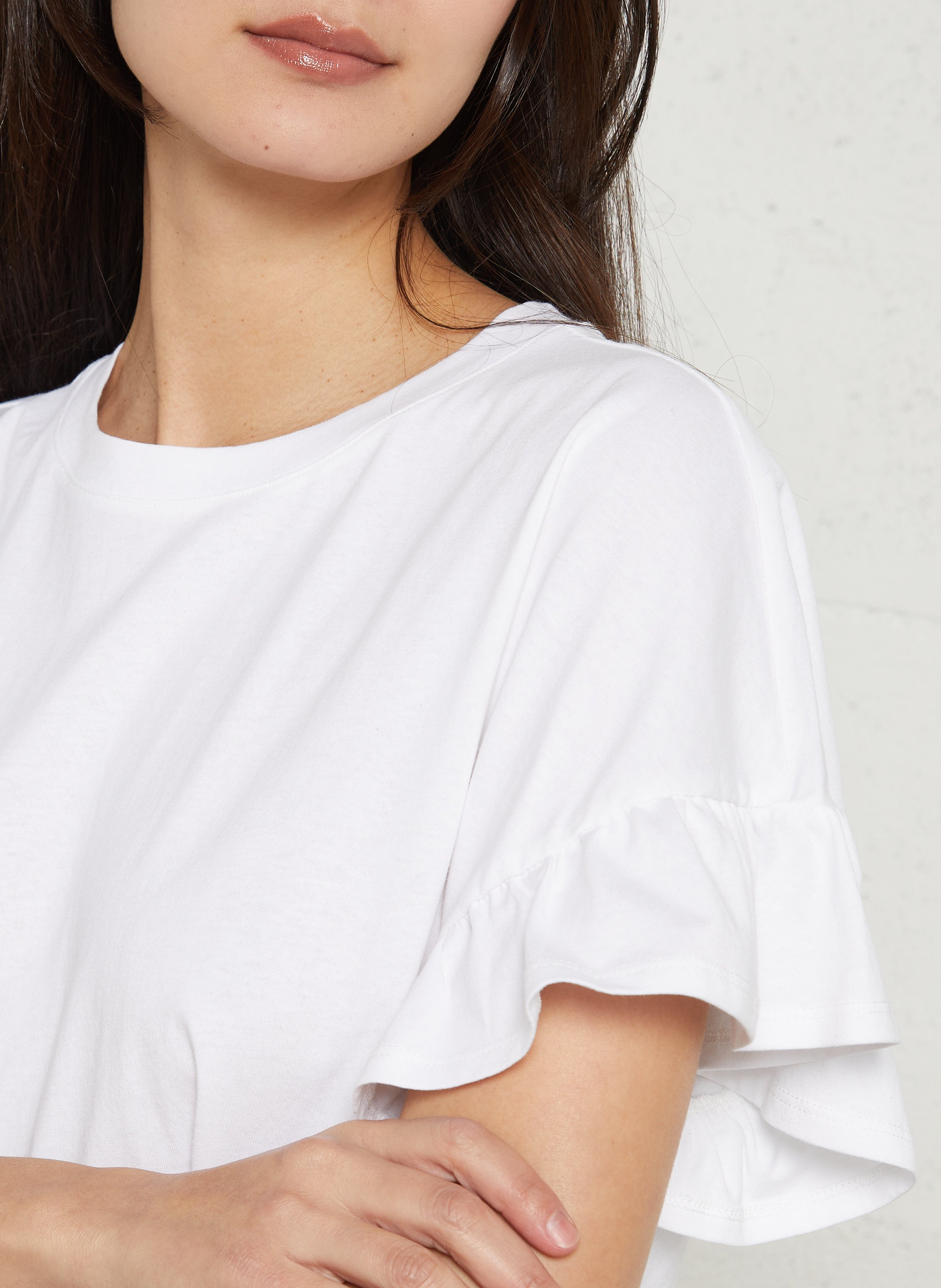 Tee-shirt droit col rond volanté en coton DES PETITS HAUTS Beige