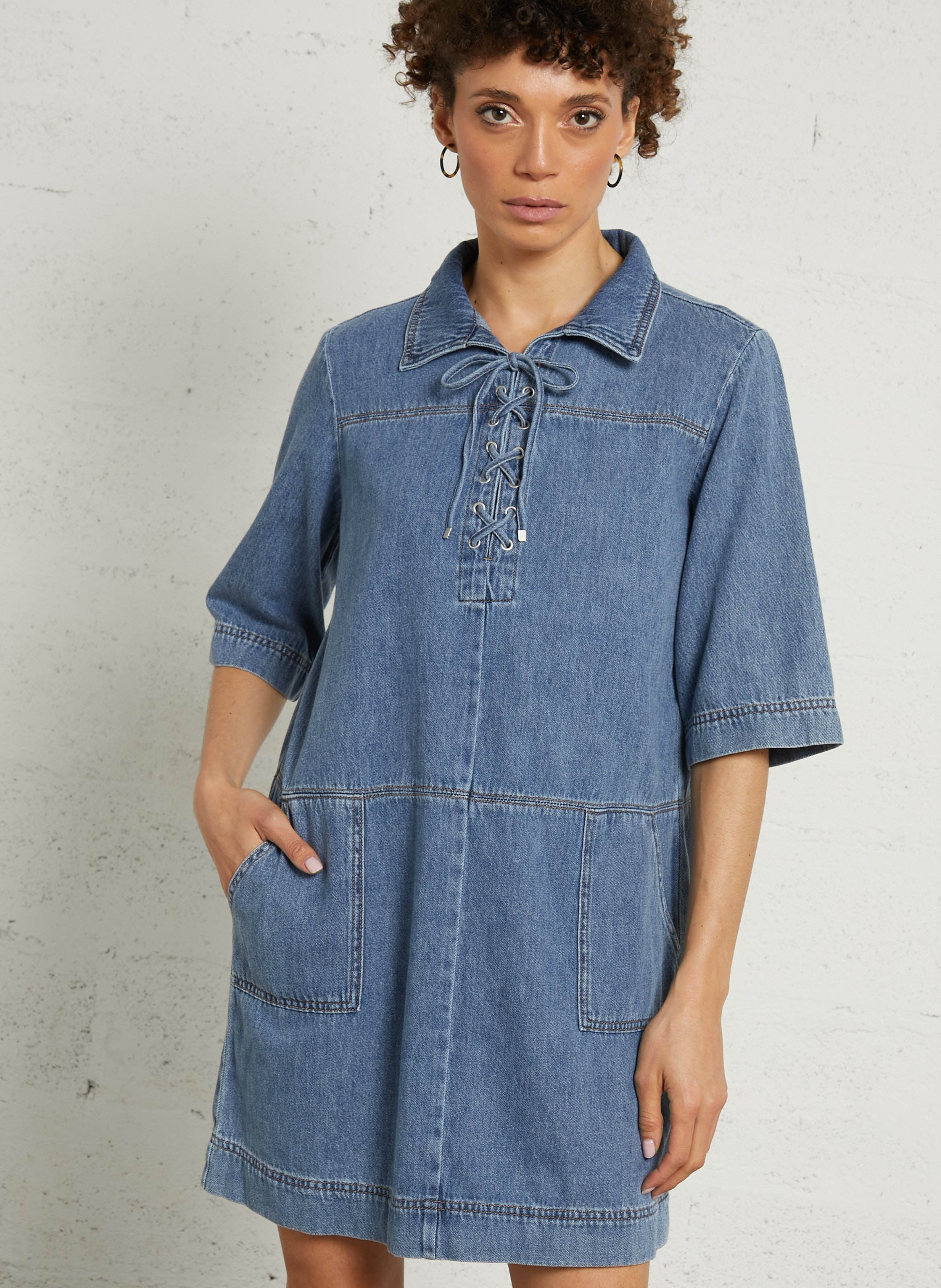 Wijd katoenen kort jurkje MAISON 123 Blauw