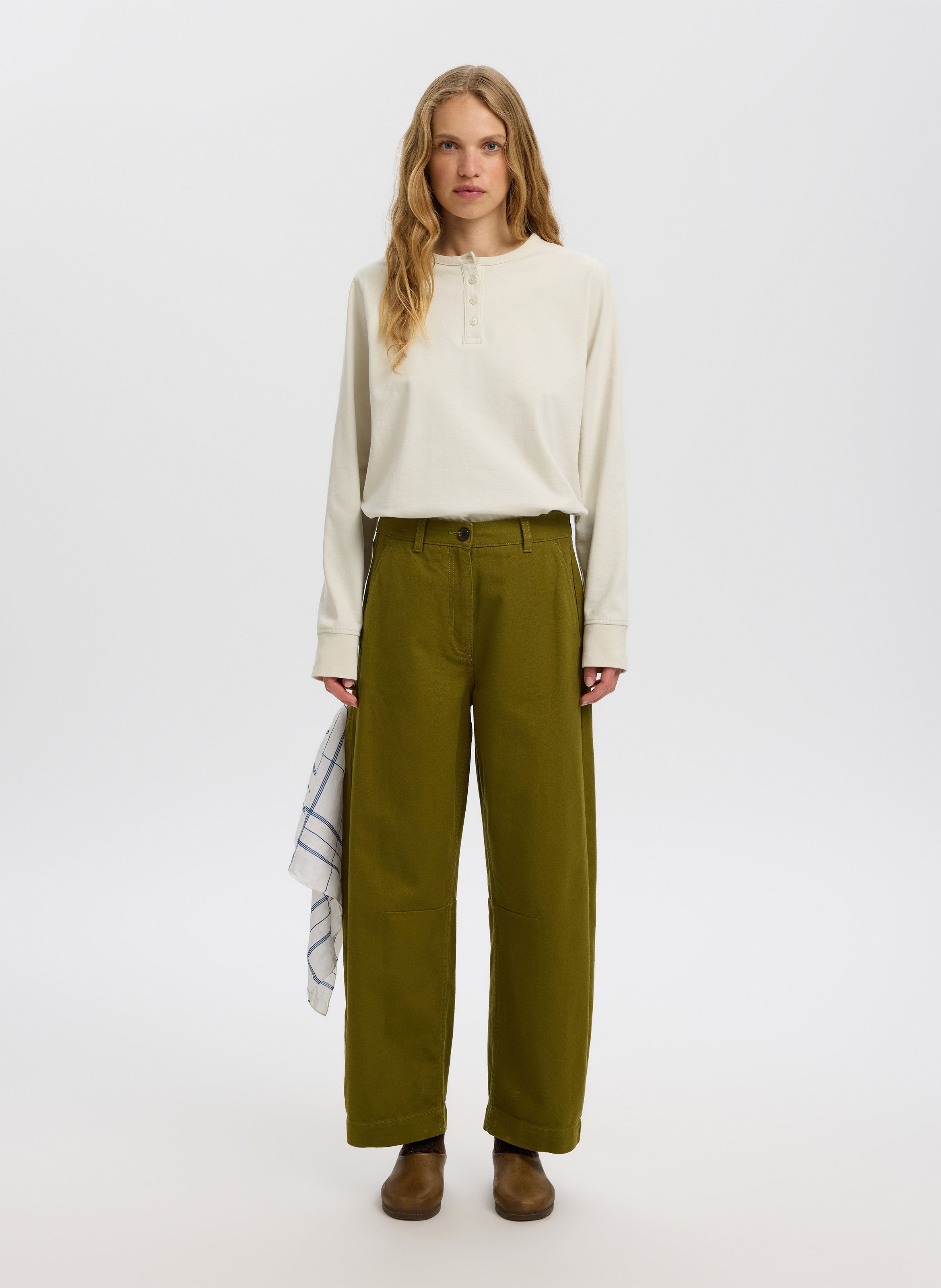 Wide-leg trousers in cotton and linen SELECTED Green