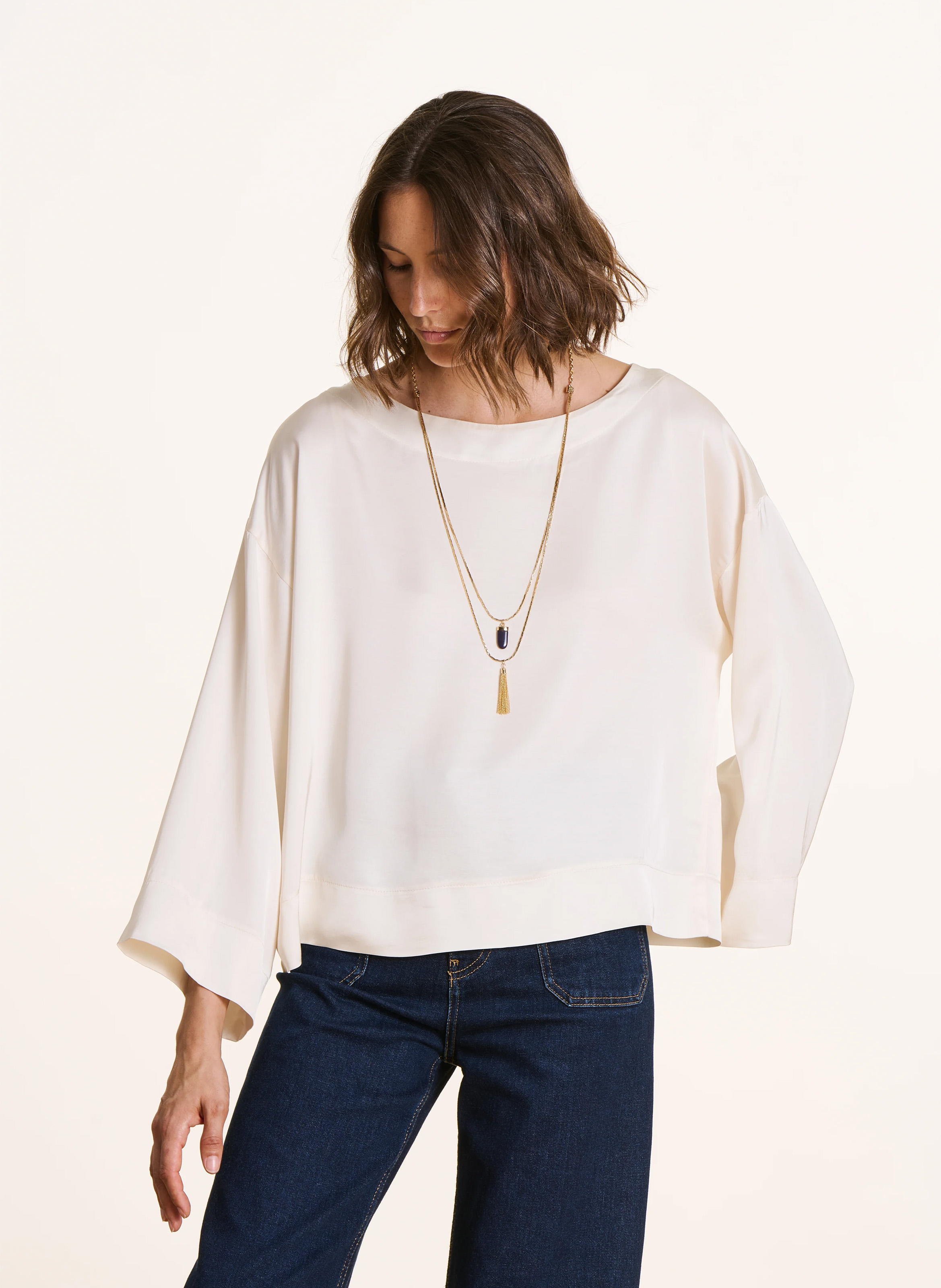 Loose fit boat neck satin top LA FEE MARABOUTEE White