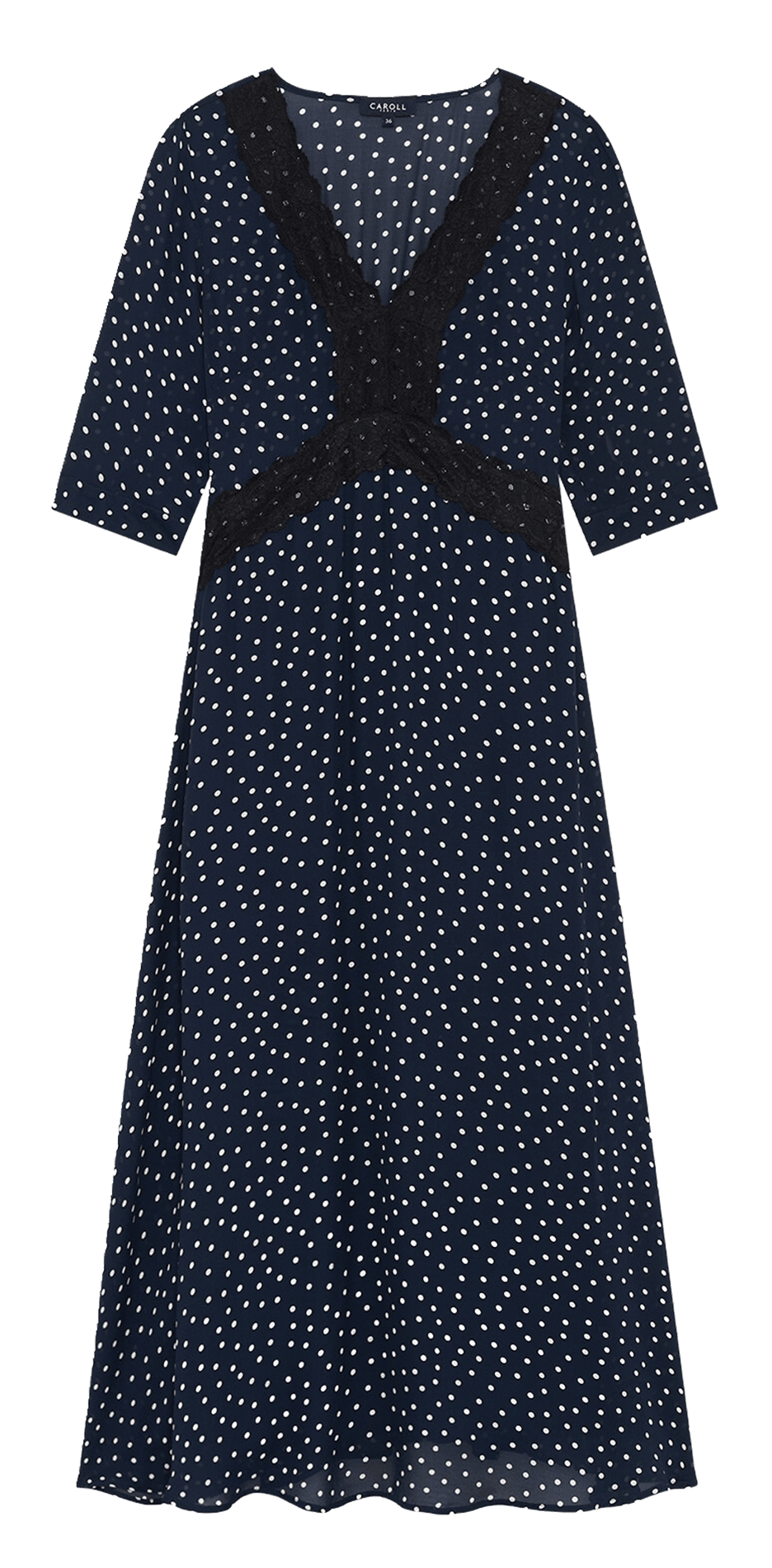 Langes Maxikleid mit V-Ausschnitt und Punkten CAROLL Blau