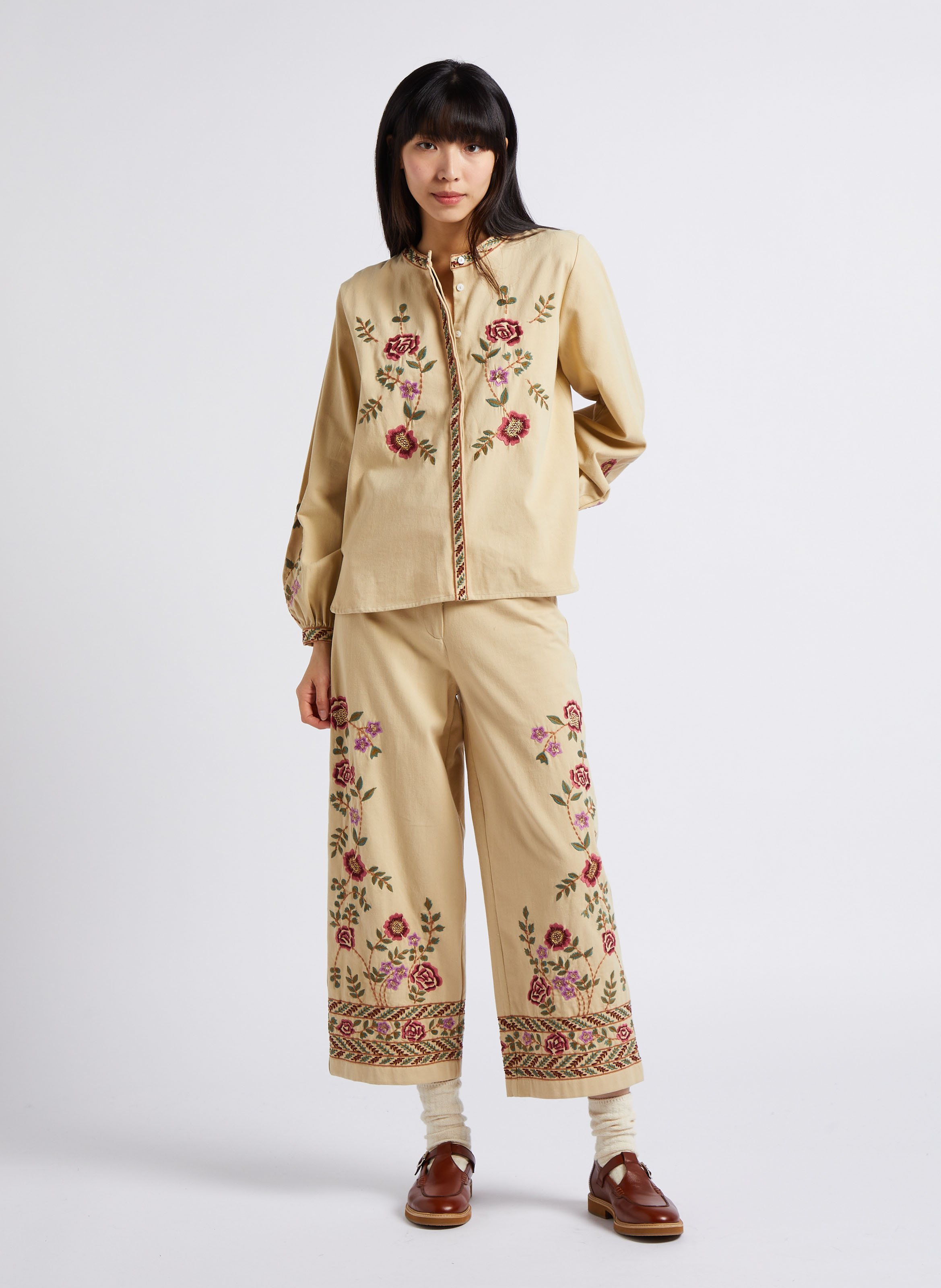 Pantalon large taille haute brodé en coton bio LOUISE MISHA Marron