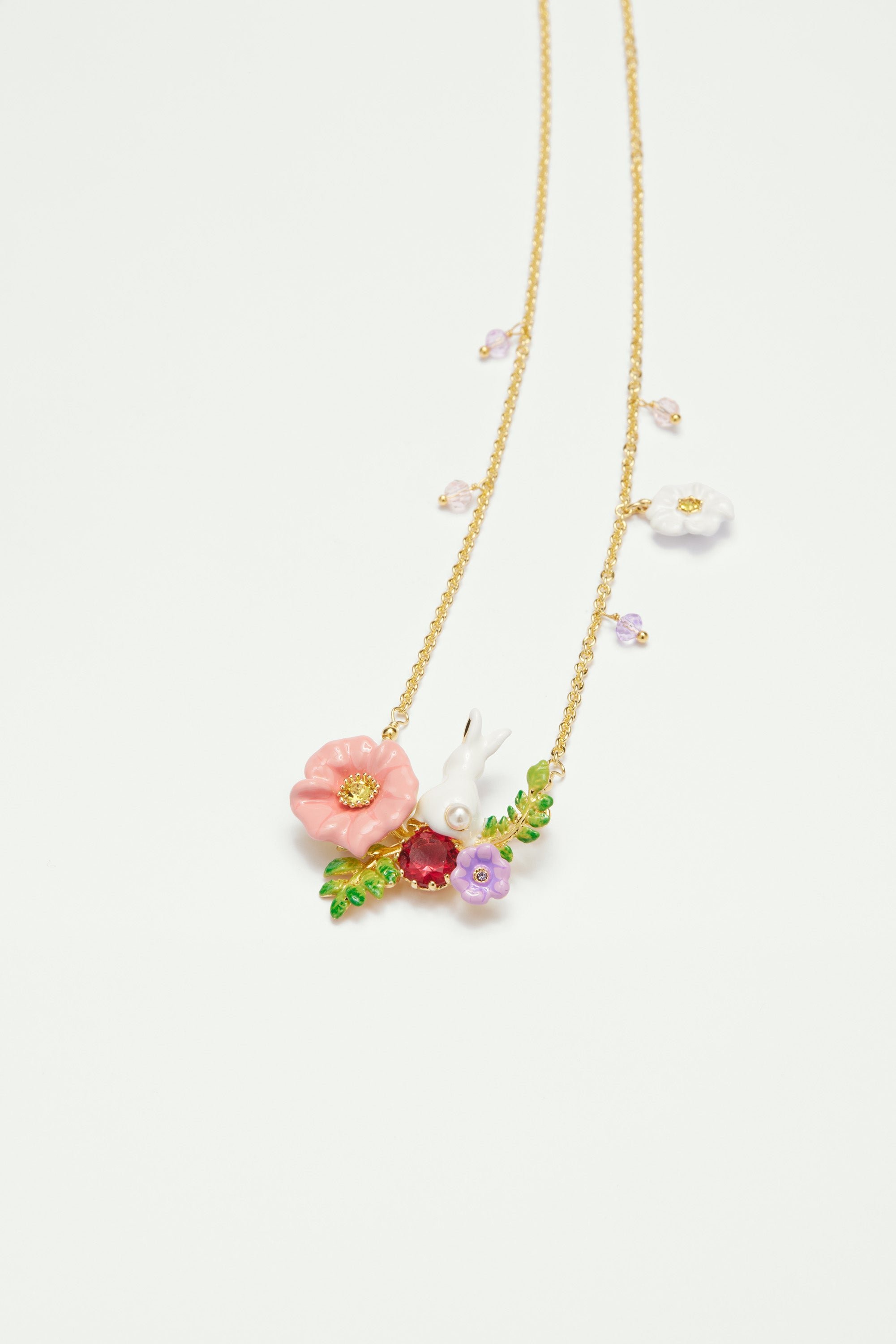 Rabbit on flower pendant necklace Multicolored