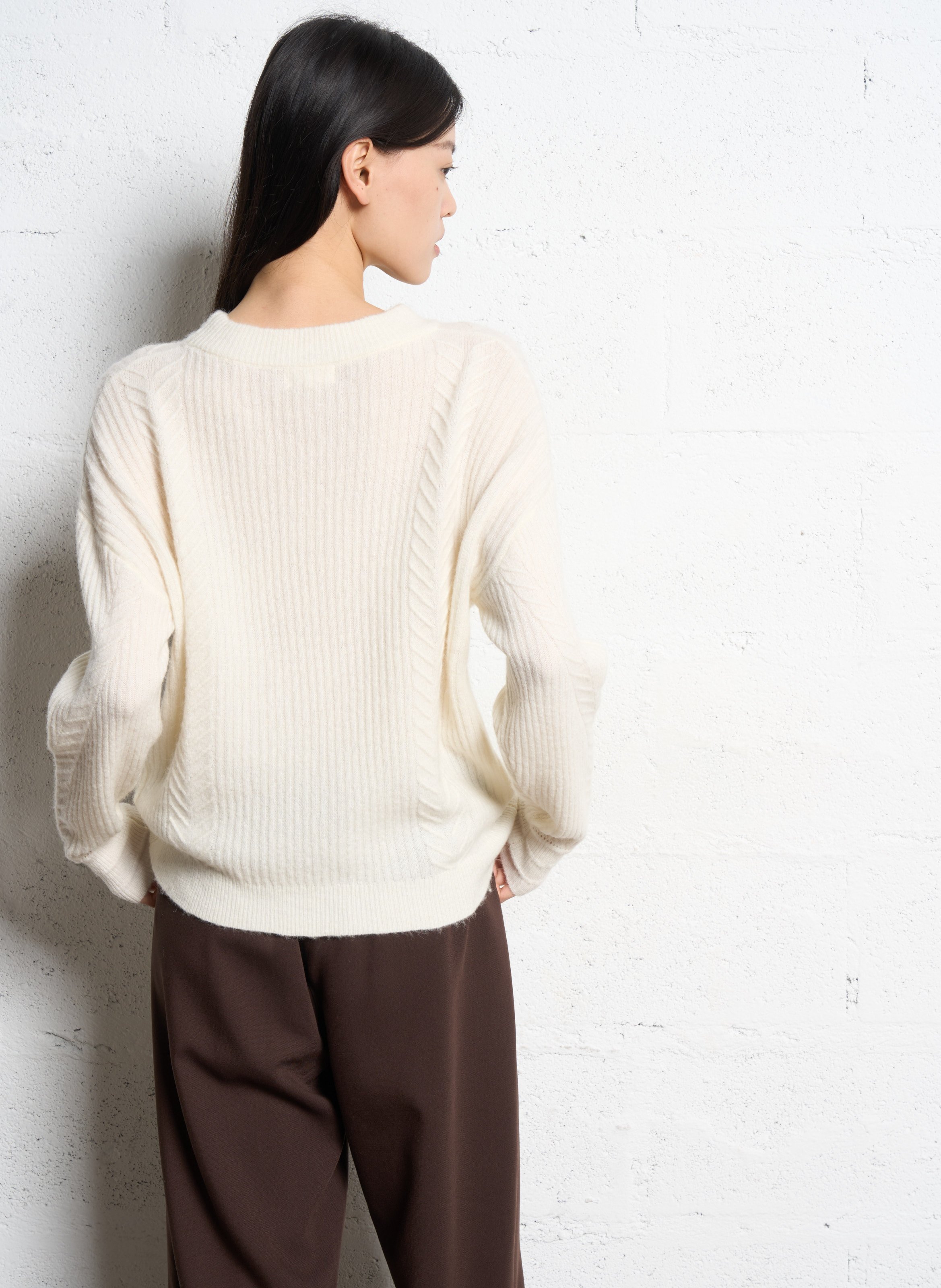 Pull droit col rond ajouré en laine mélangée SUNCOO Blanc