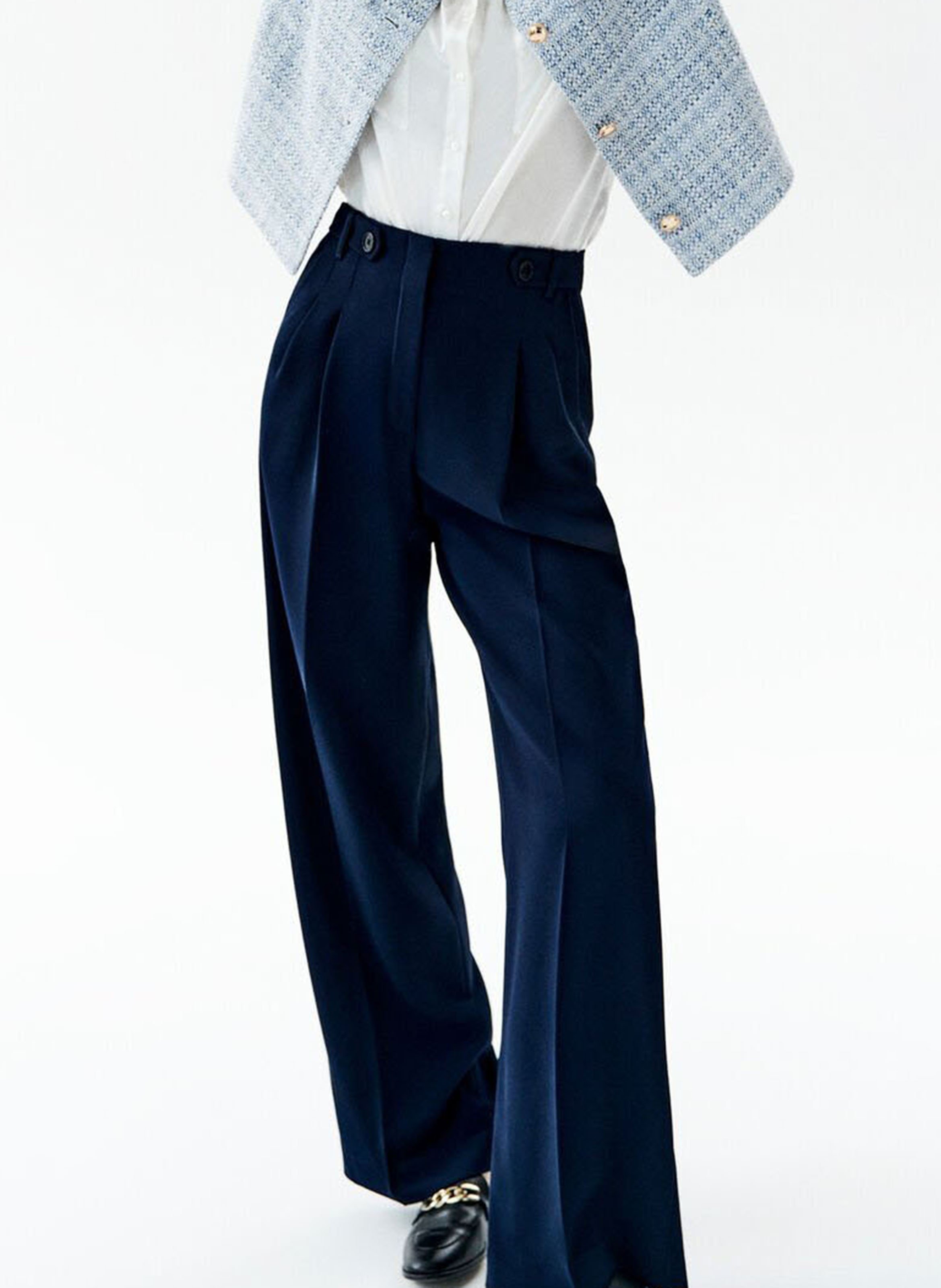 Wide-leg front-pleated pants with high elasticated waistband CAROLL Blue