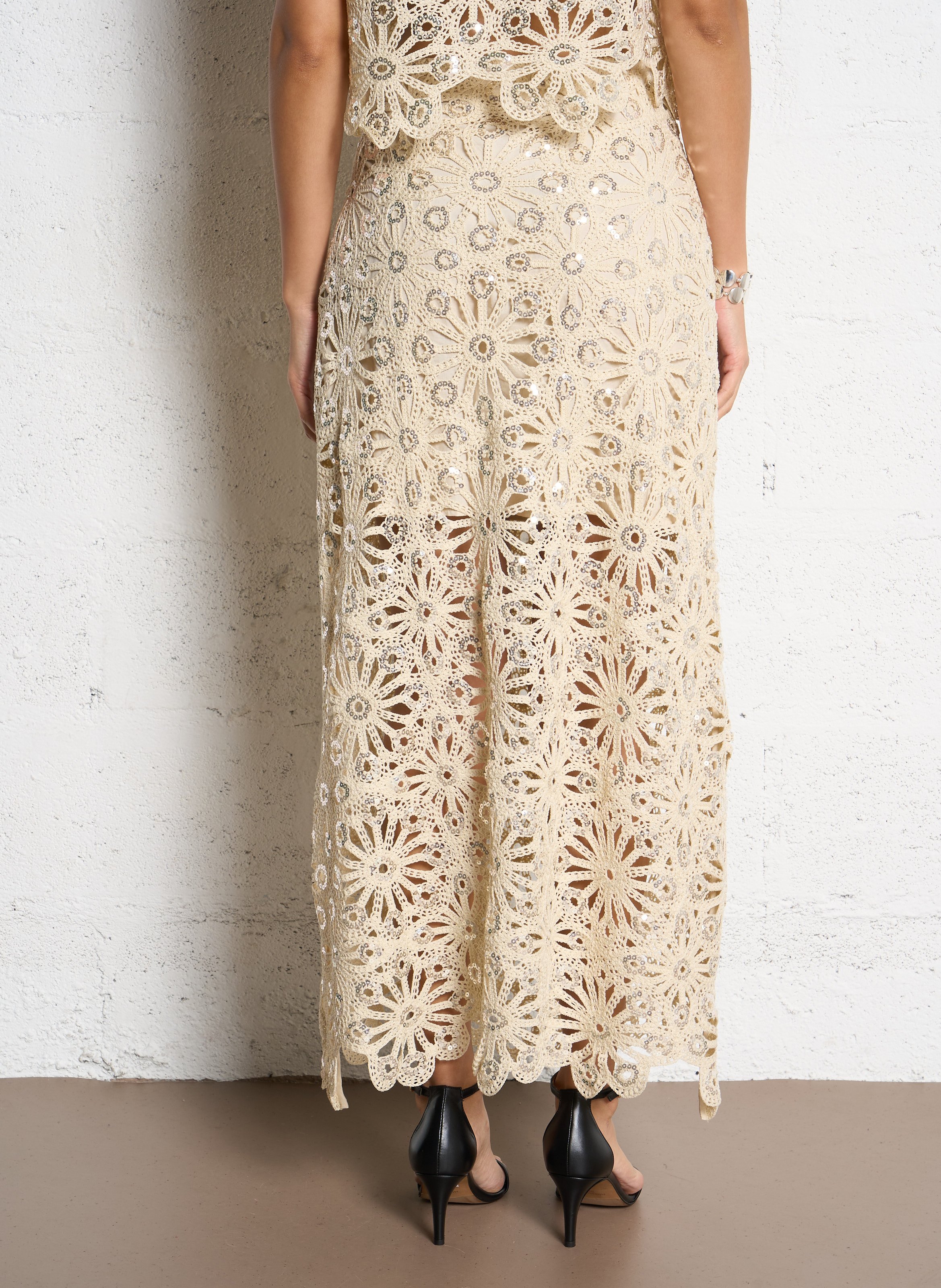 Langer Rock aus Häkel- und Paillettenstoff SUNCOO Beige