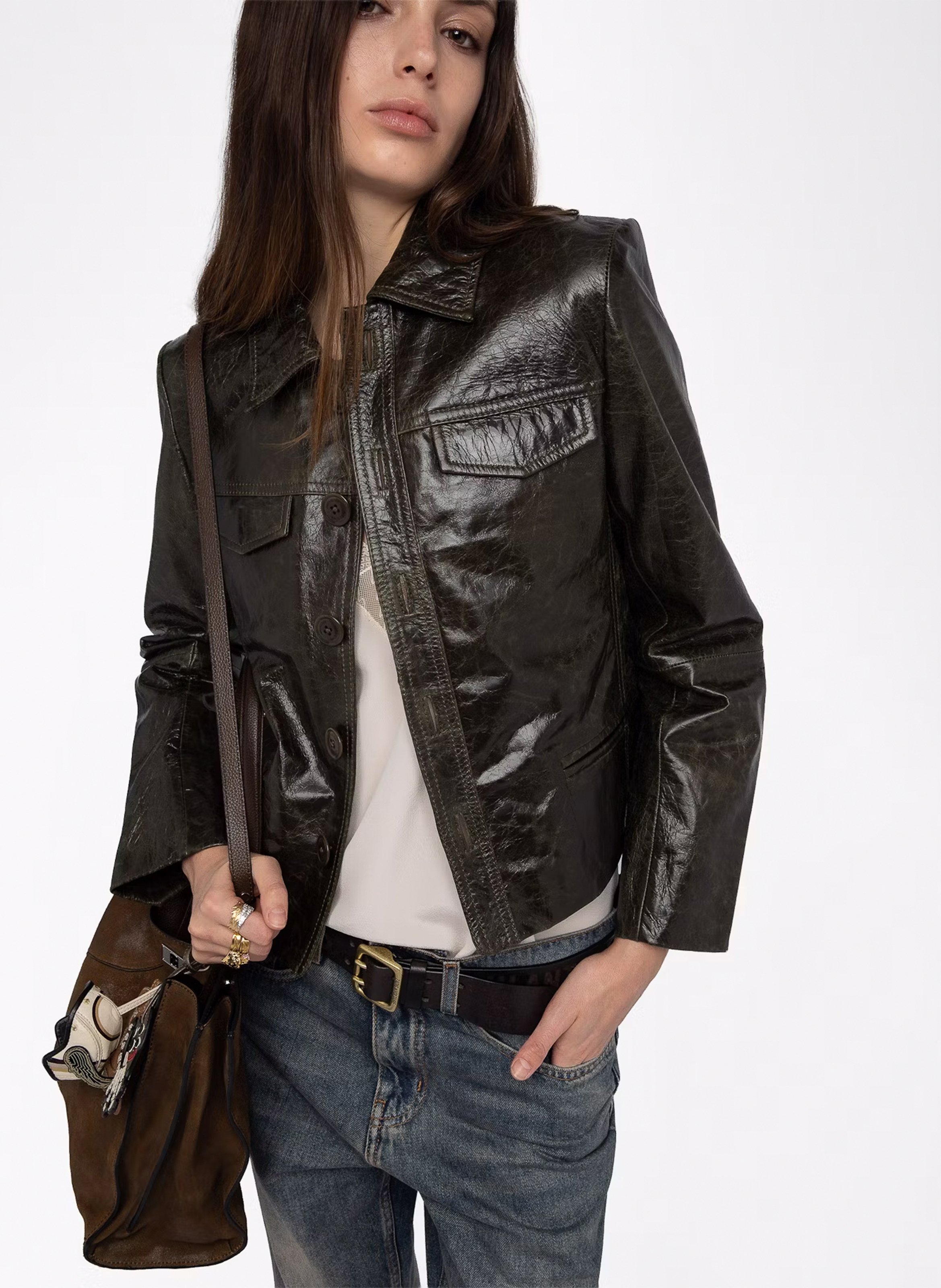 Blouson droit col classique en cuir ZADIG&VOLTAIRE Vert
