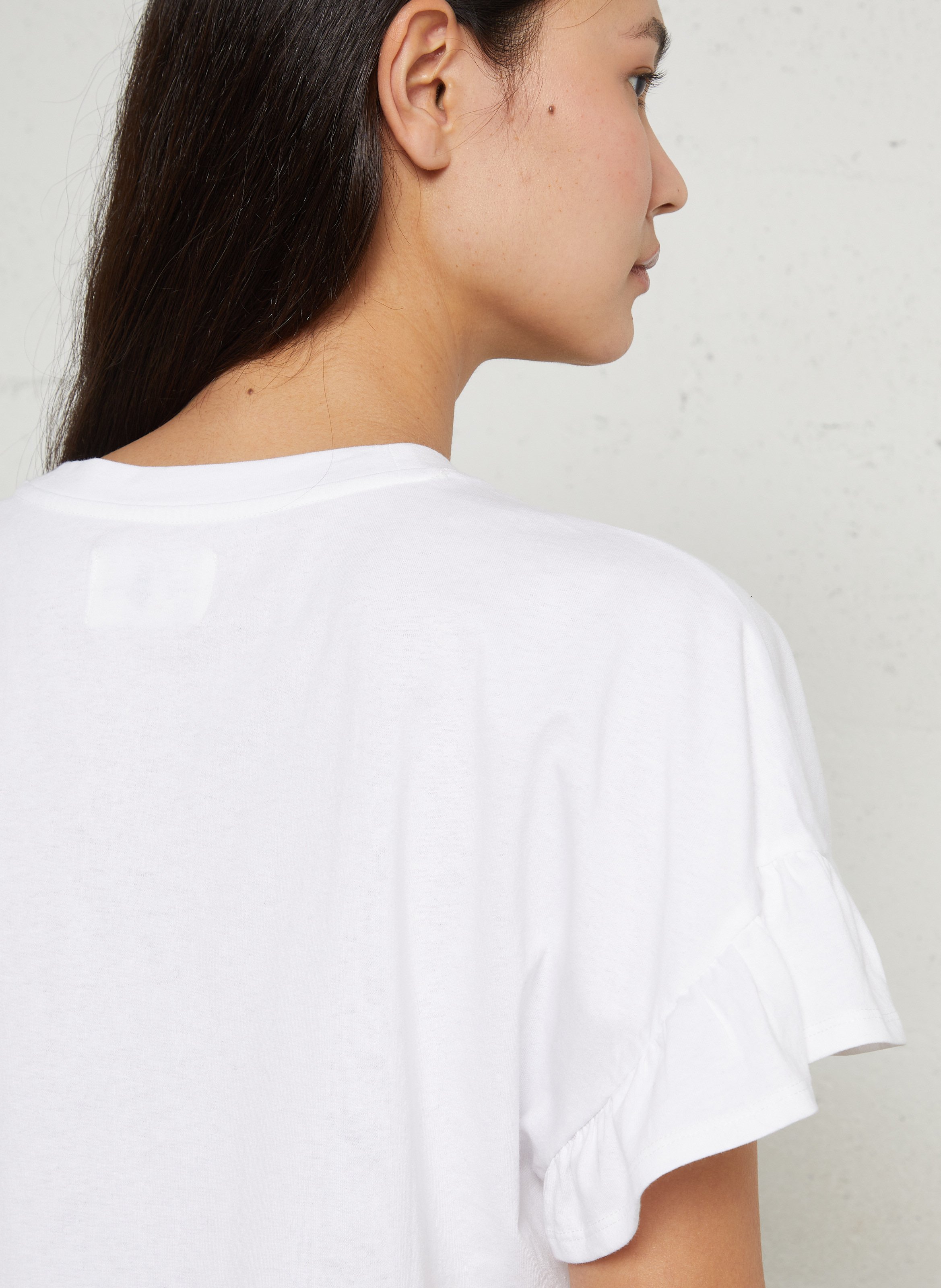 Tee-shirt droit col rond volanté en coton DES PETITS HAUTS Beige