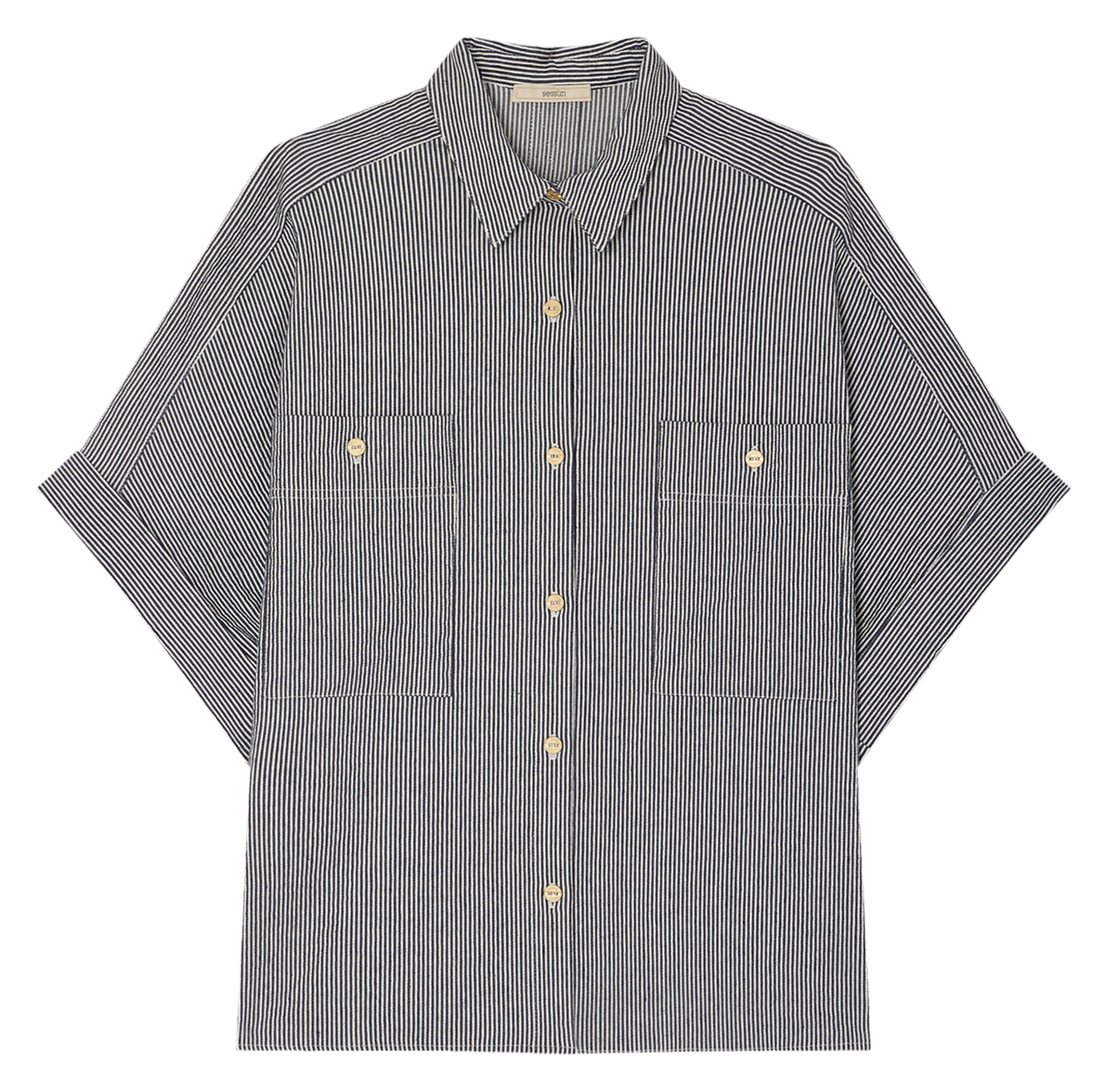 Weit geschnittene gestreifte Baumwollbluse mit klassischem Kragen SESSUN Blau