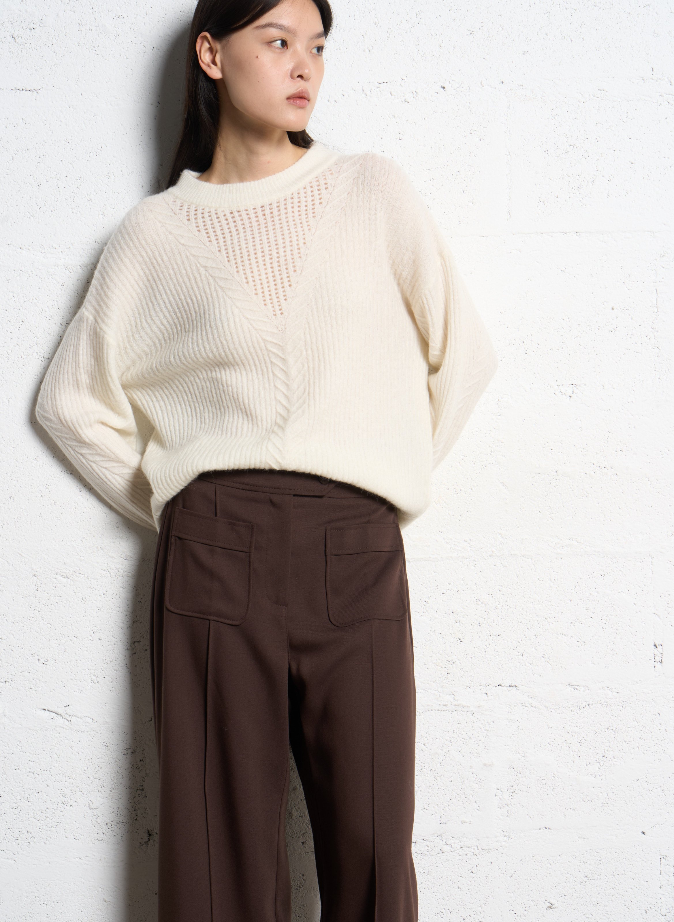 Pull droit col rond ajouré en laine mélangée SUNCOO Blanc