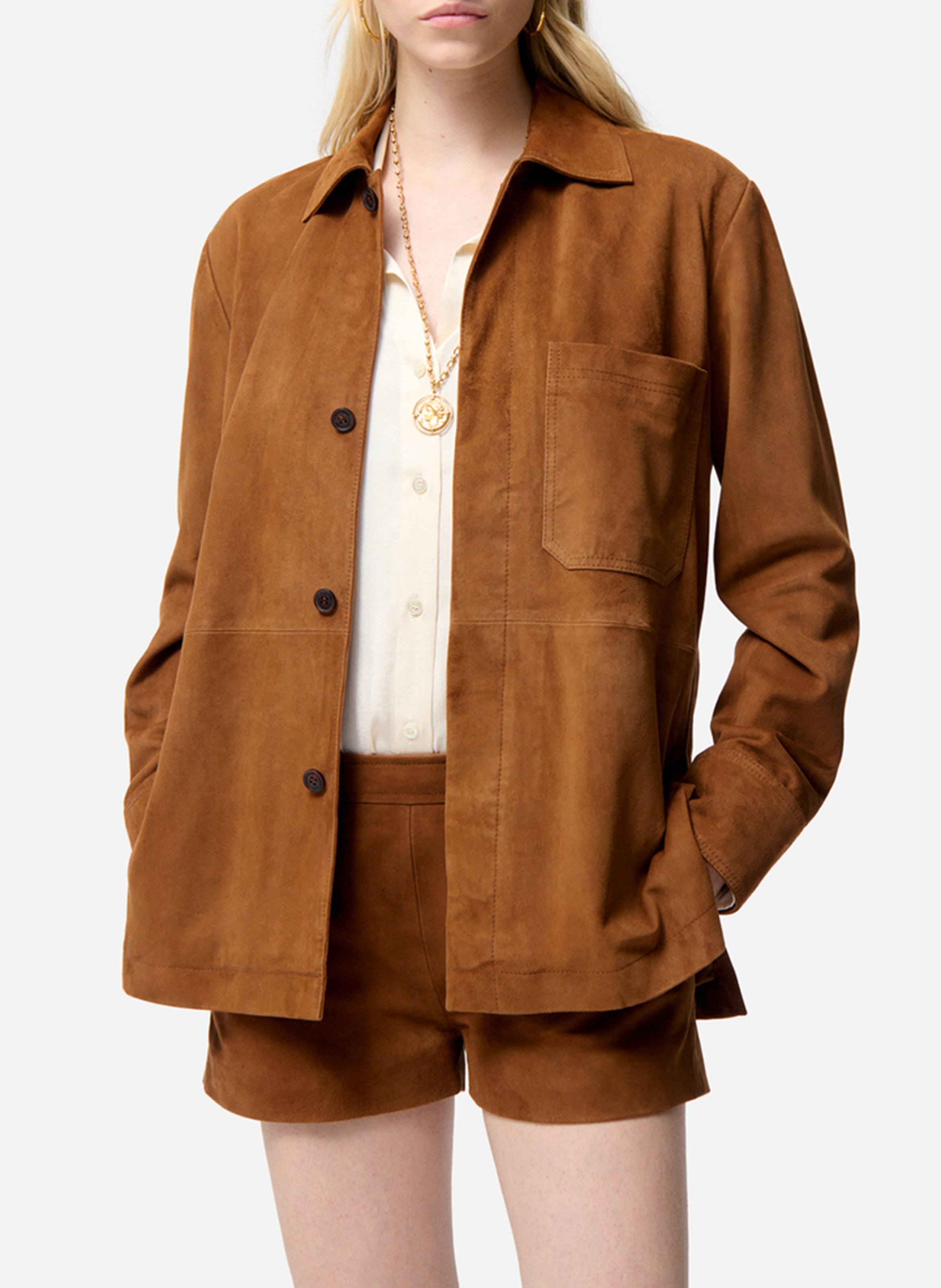 Recht, leren jasje met klassieke kraag VANESSA BRUNO Bruin