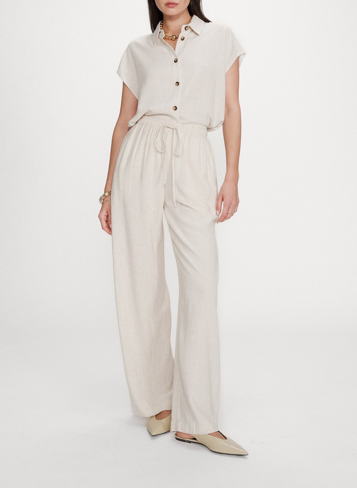 Pantalon long taille haute uni Beige