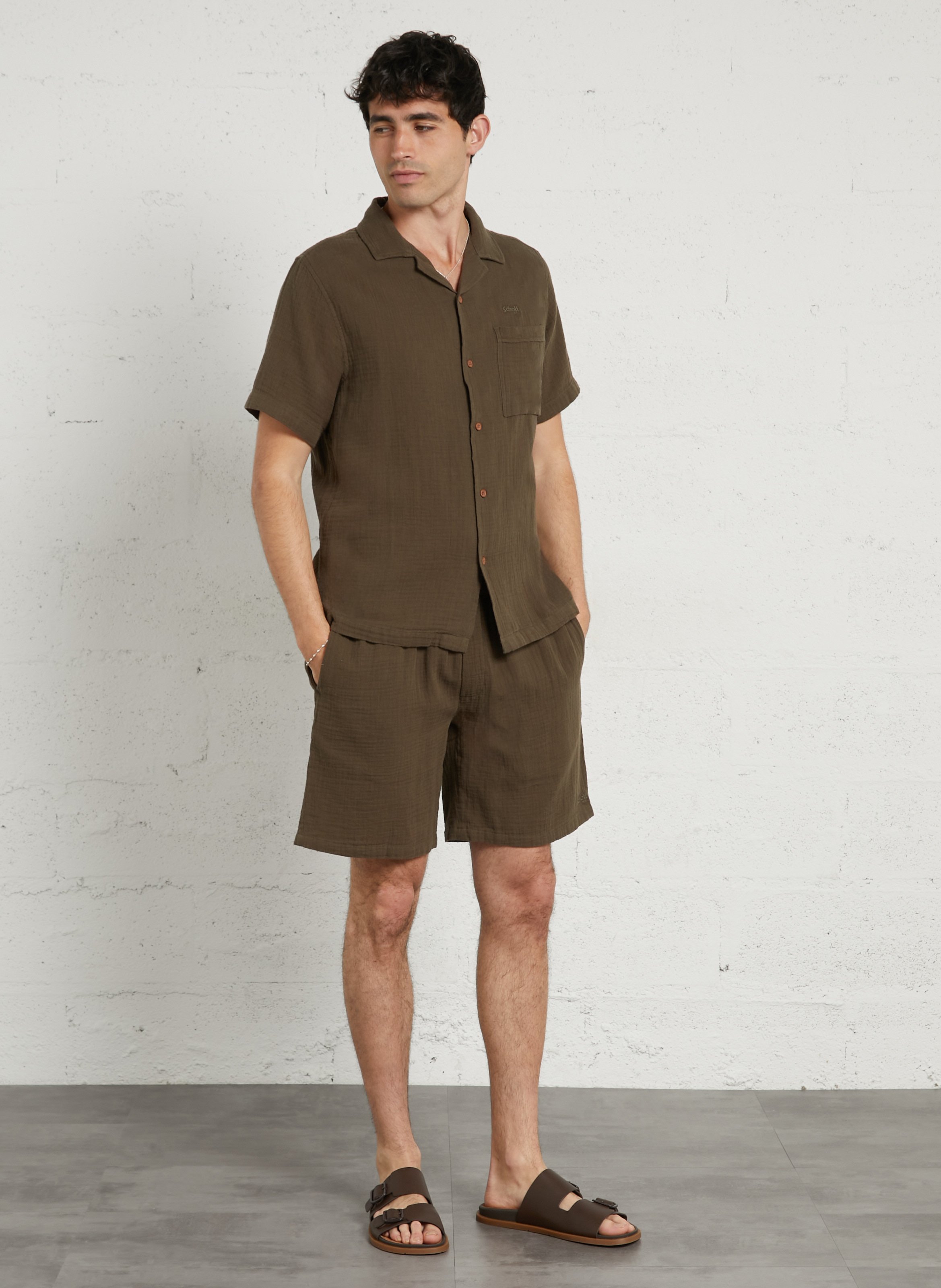 Short droit en gaze de coton SCHOTT Kaki