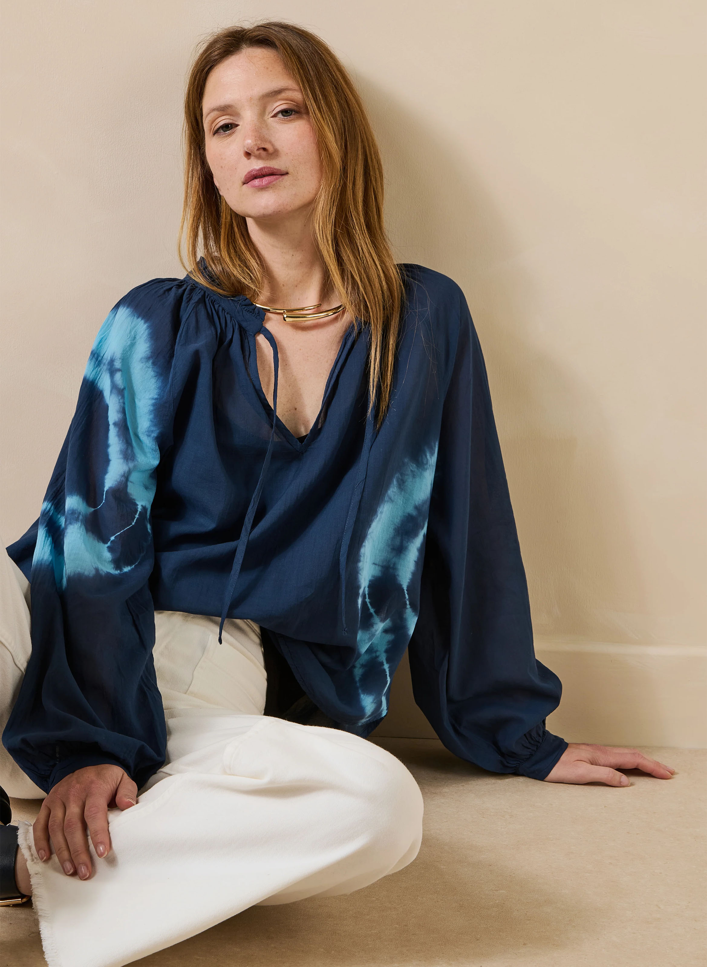 Blouse col tunisien en coton LA FEE MARABOUTEE Bleu