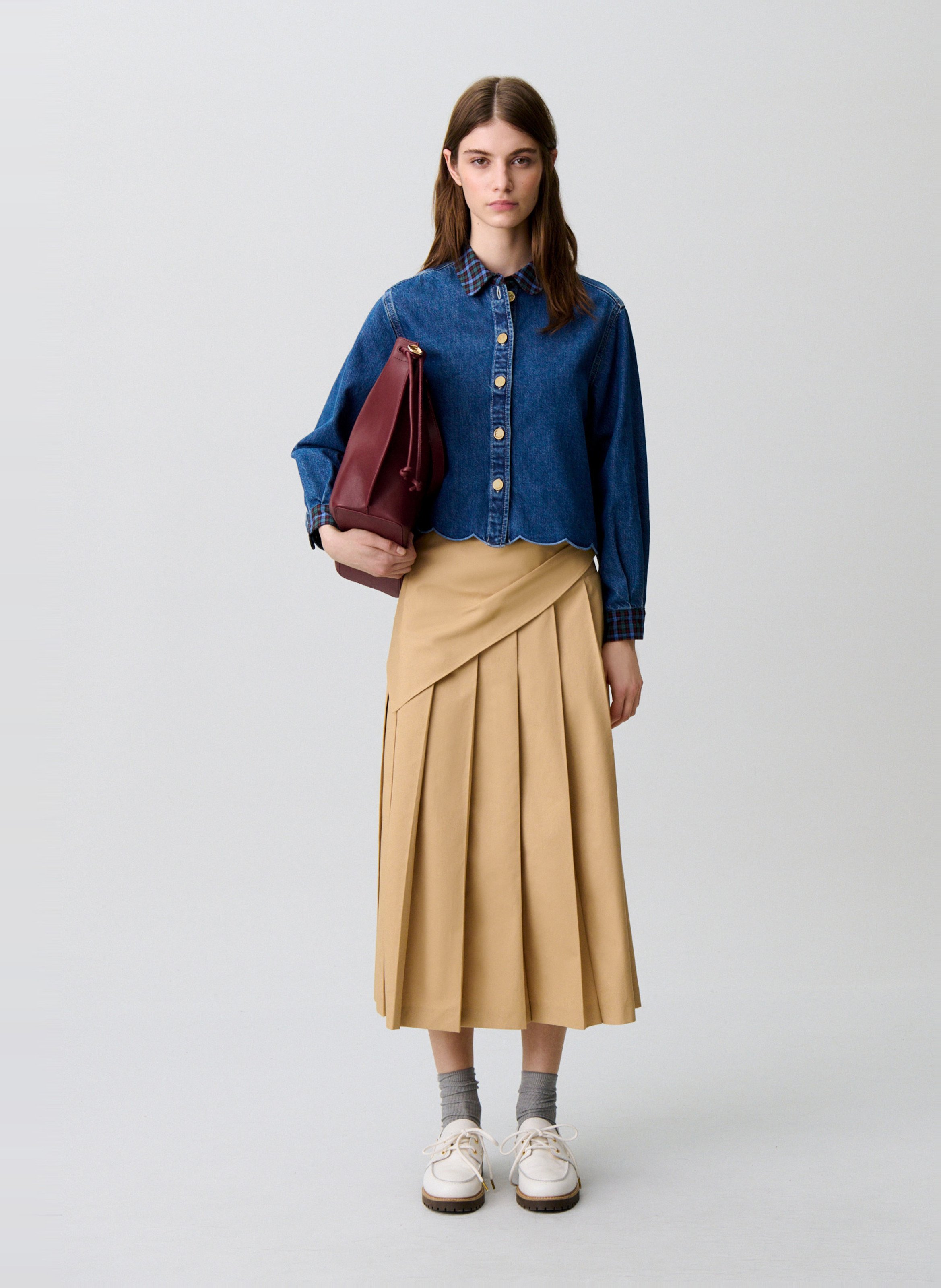 Halflange gerende rok met plooien CLAUDIE PIERLOT Beige