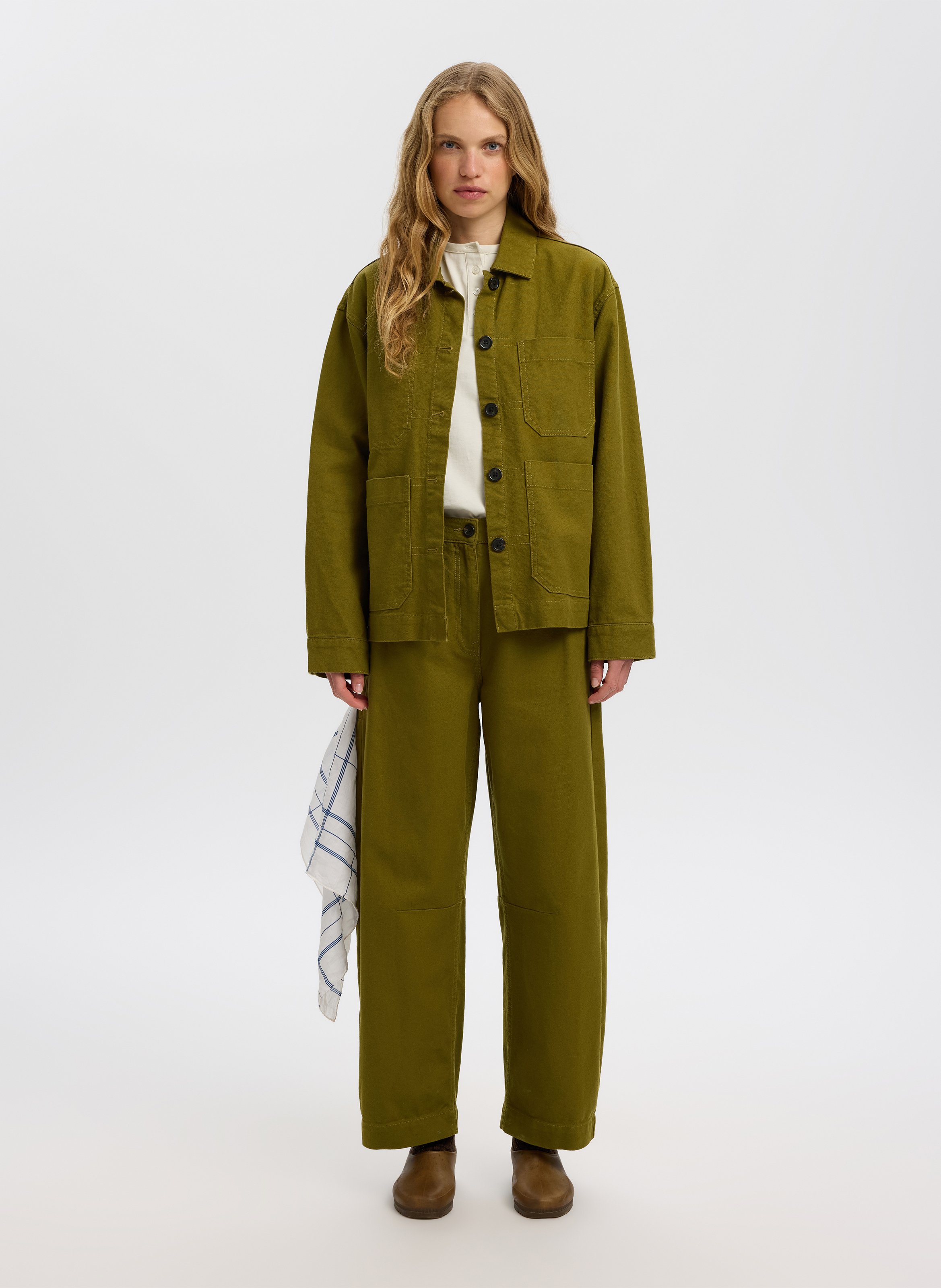 Wide-leg trousers in cotton and linen SELECTED Green