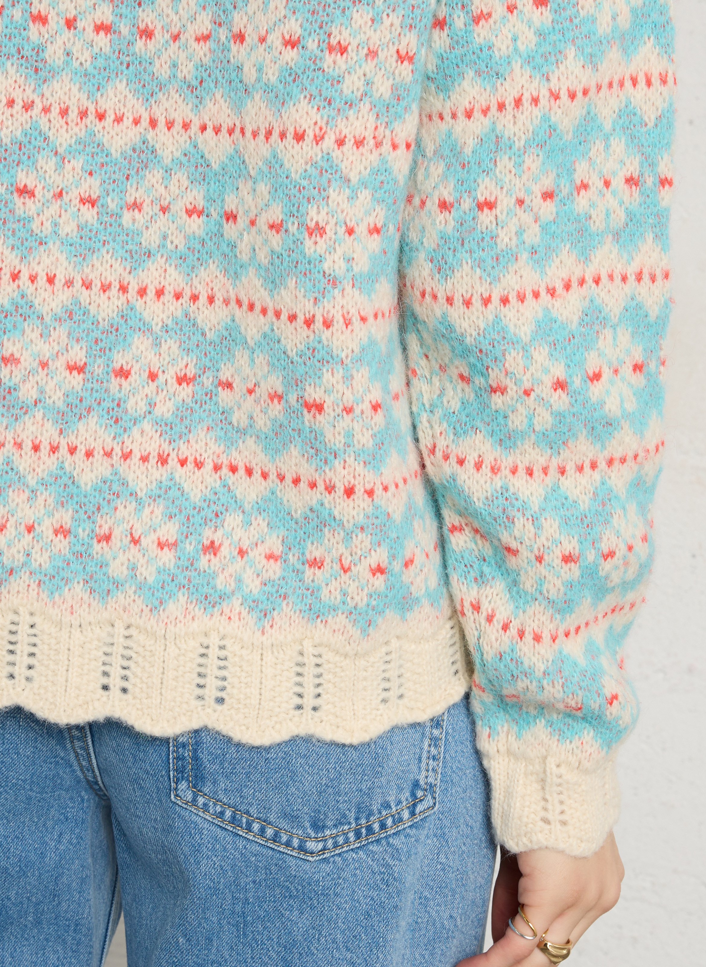 Gerader Pullover mit Lavallière-Kragen aus bedrucktem Strick DR BLOOM Rot