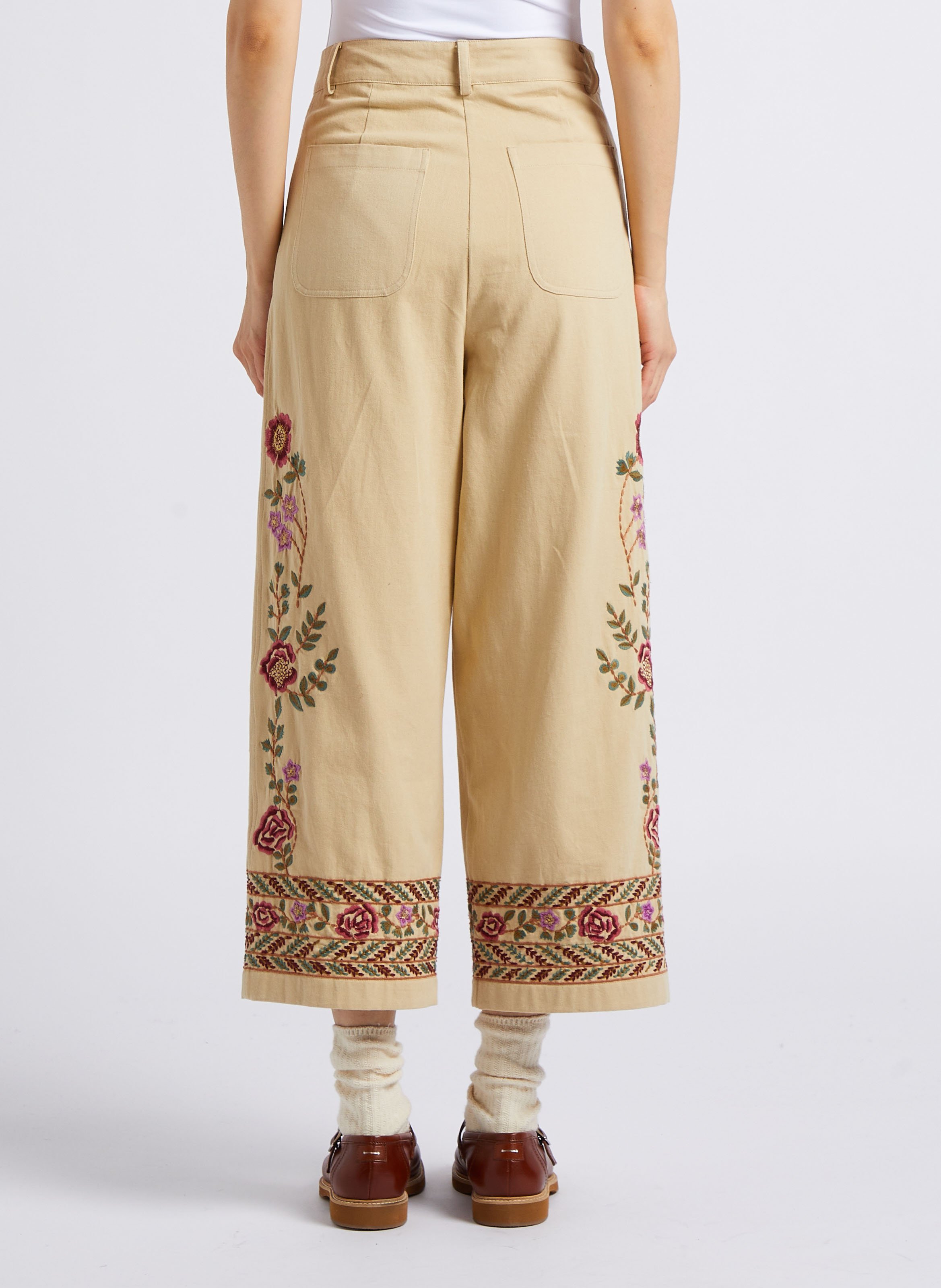 Pantalon large taille haute brodé en coton bio LOUISE MISHA Marron