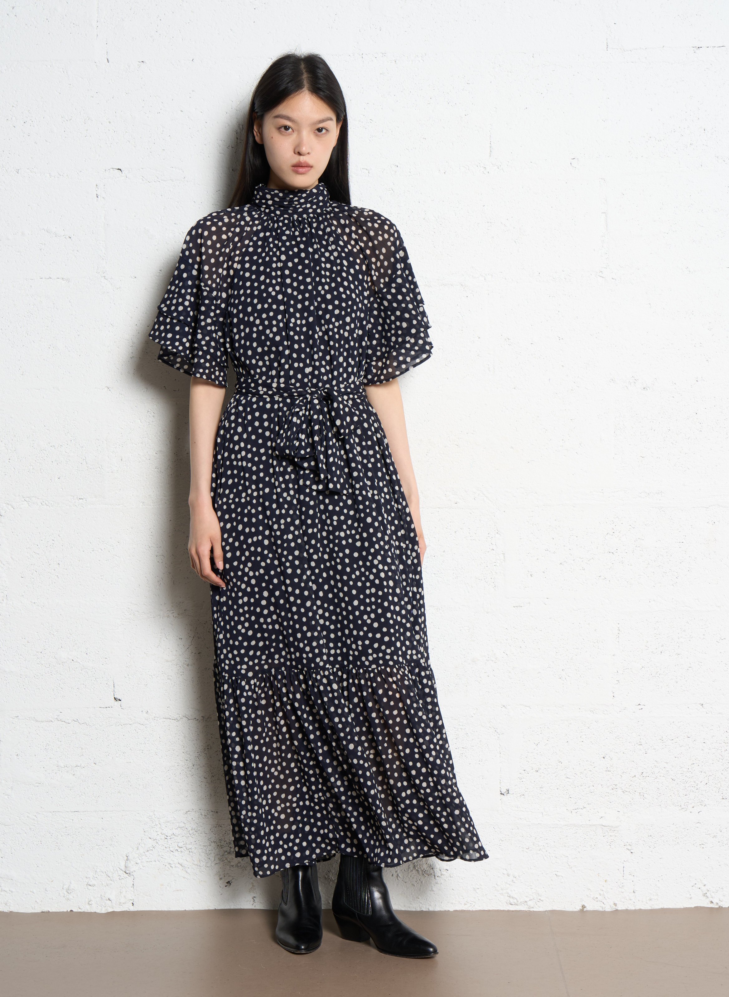 Robe longue col montant à pois IKKS Bleu