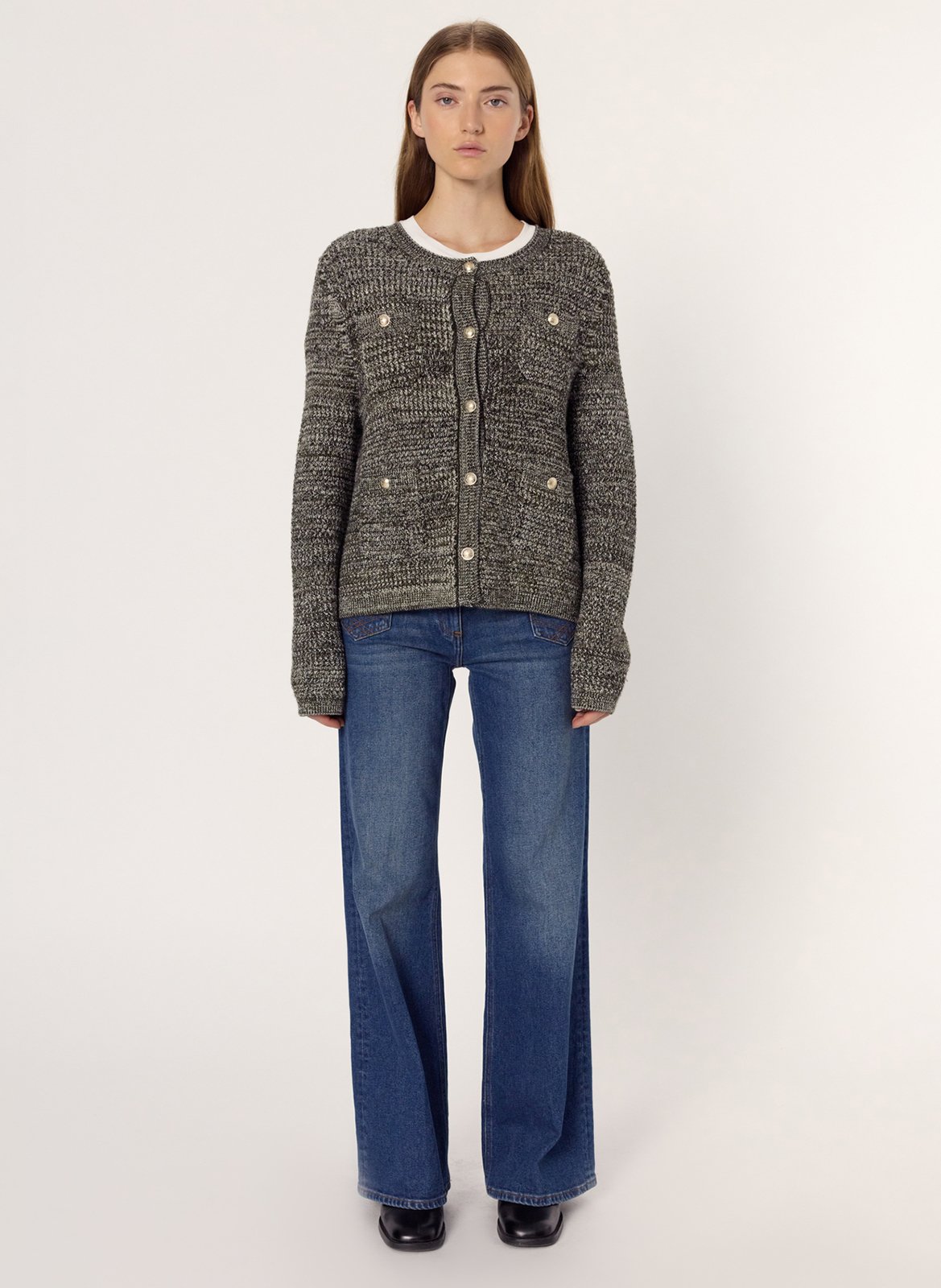 Round-neck mixed-knit cardigan GERARD DAREL Khaki