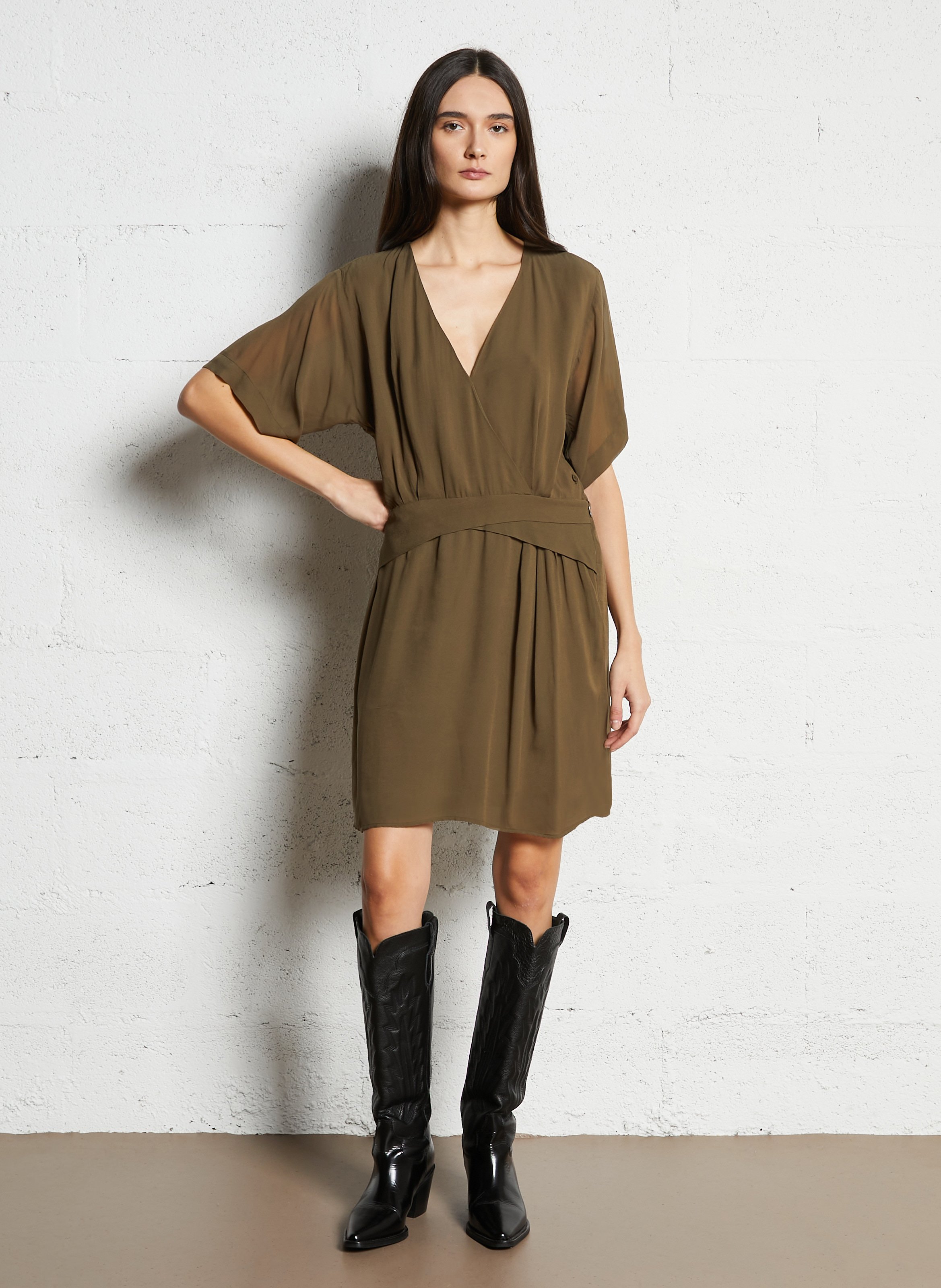 Korte jurk met V-hals IKKS Khaki