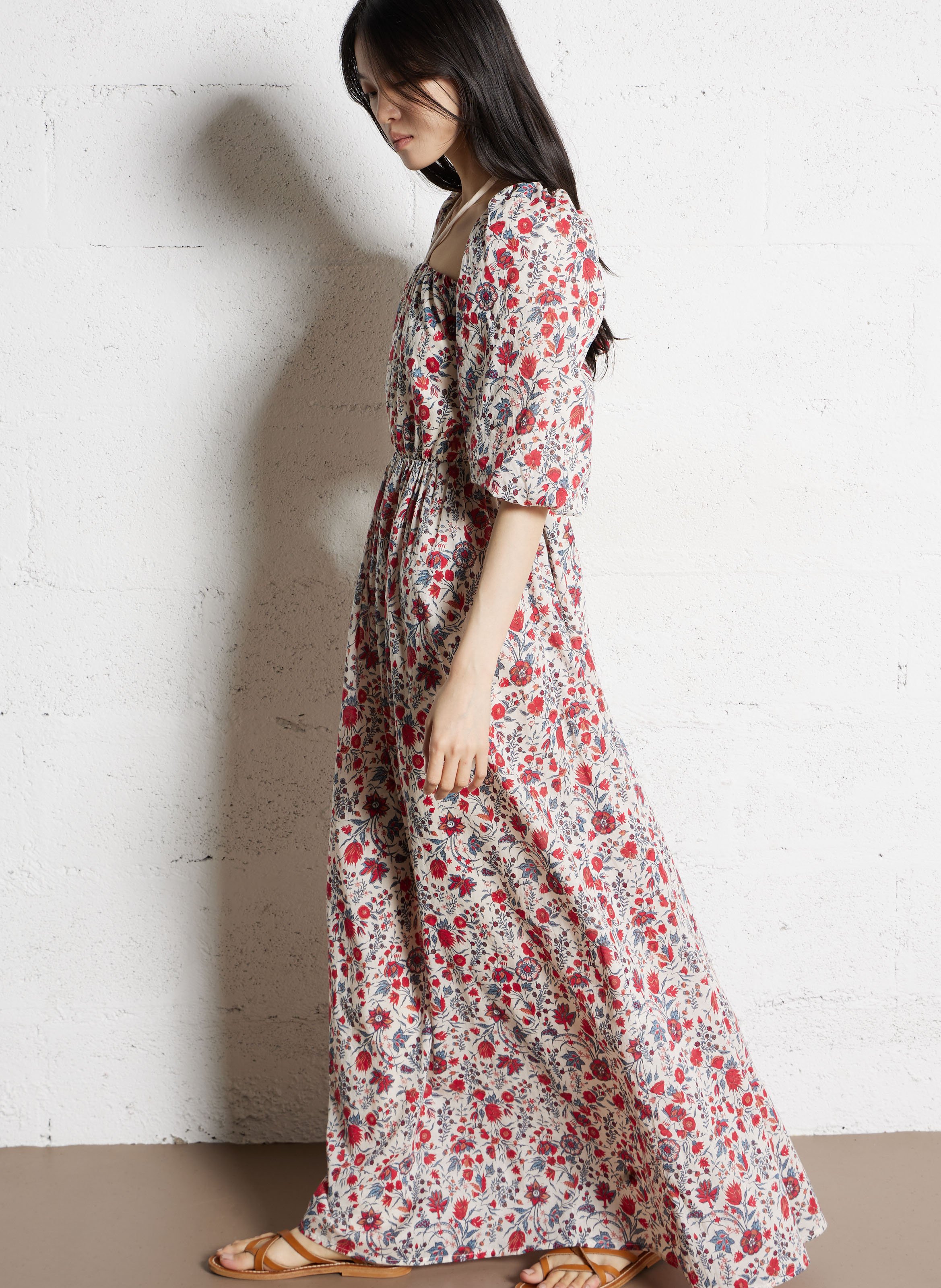 Langes, bedrucktes Kleid aus Baumwolle mit Gürtel ANTIK BATIK Mehrfarbig