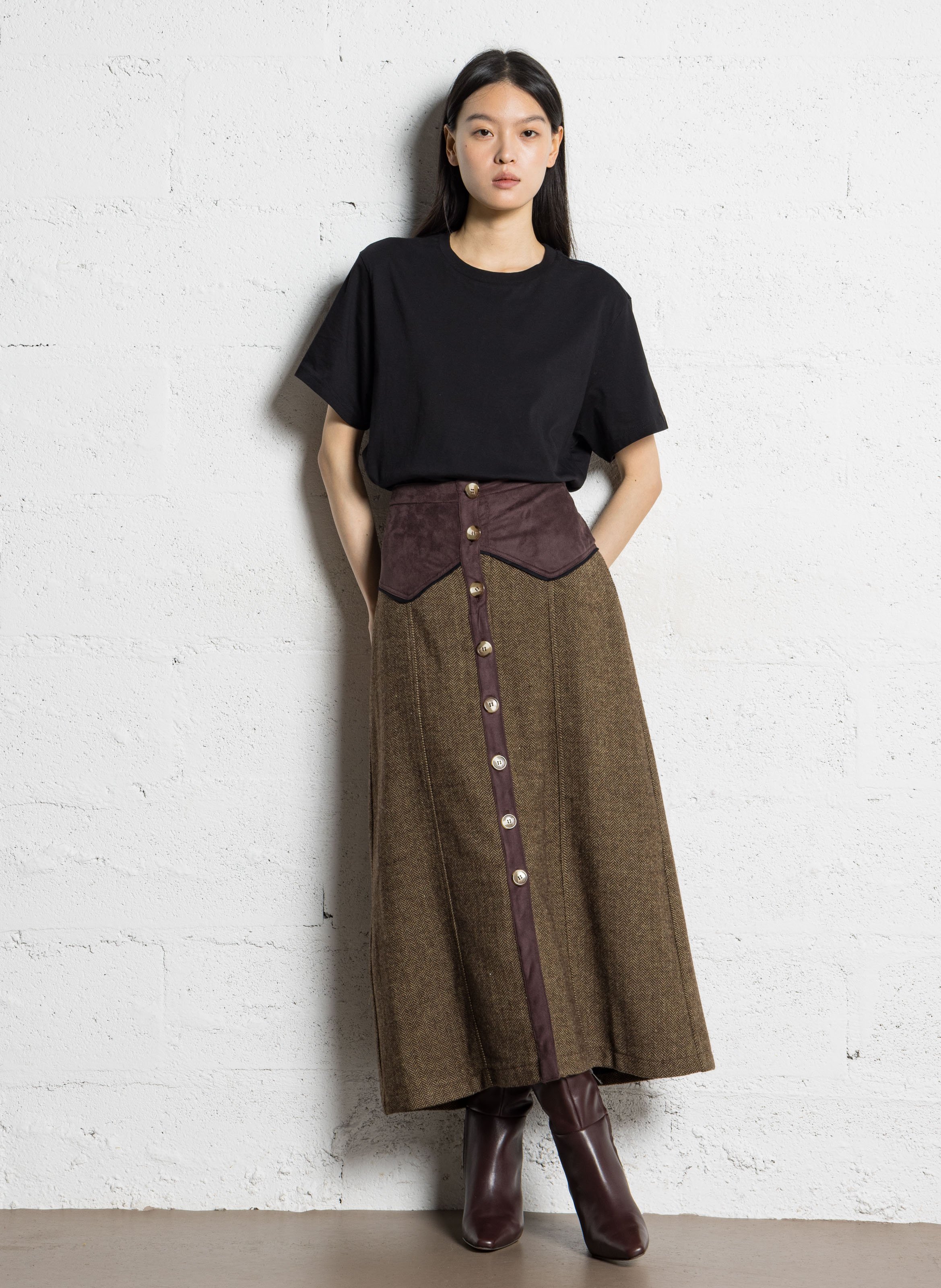 Jupe midi évasée en laine mélangée Vert