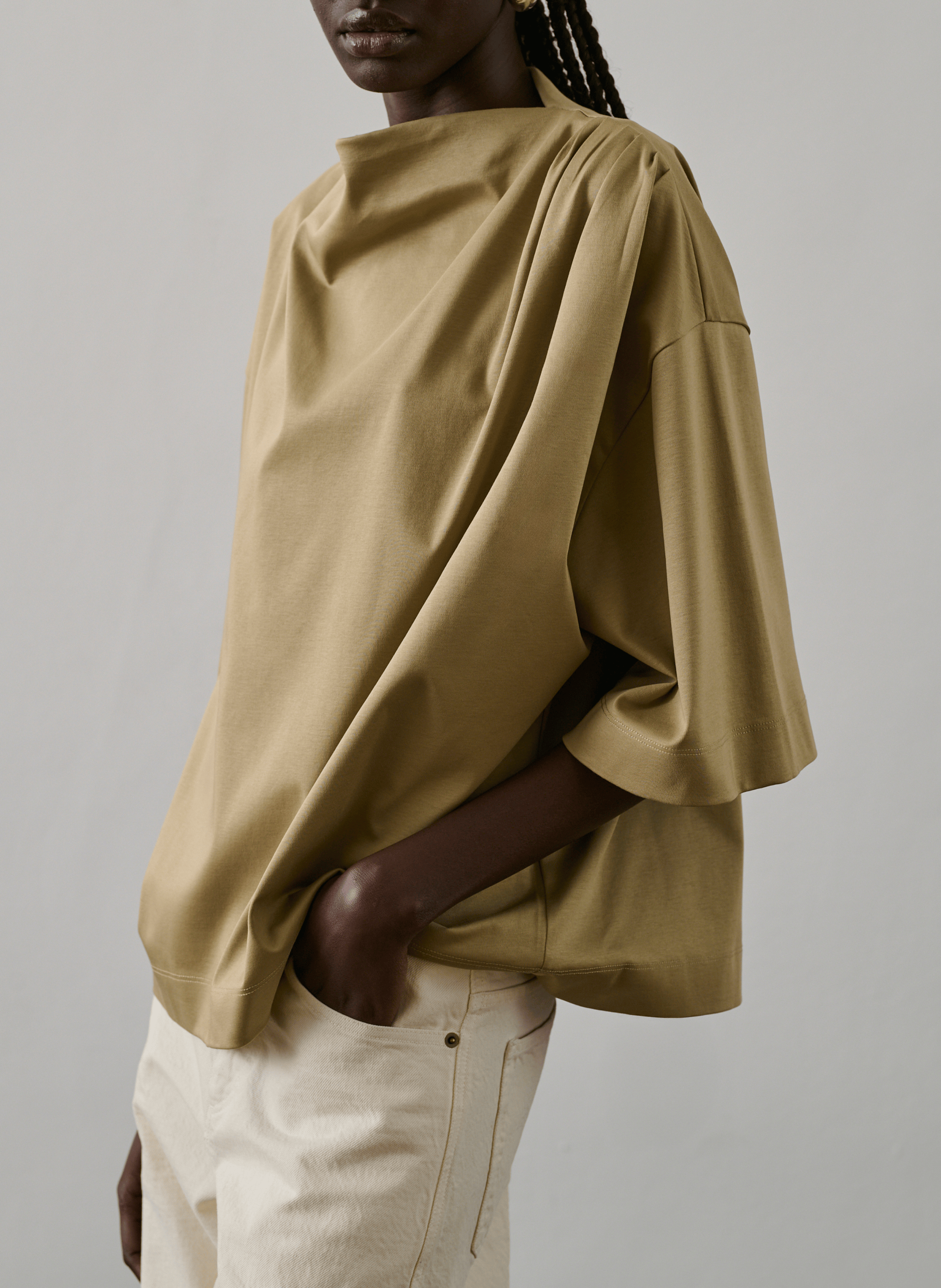 Short-sleeved draped plain t-shirt SOEUR Beige