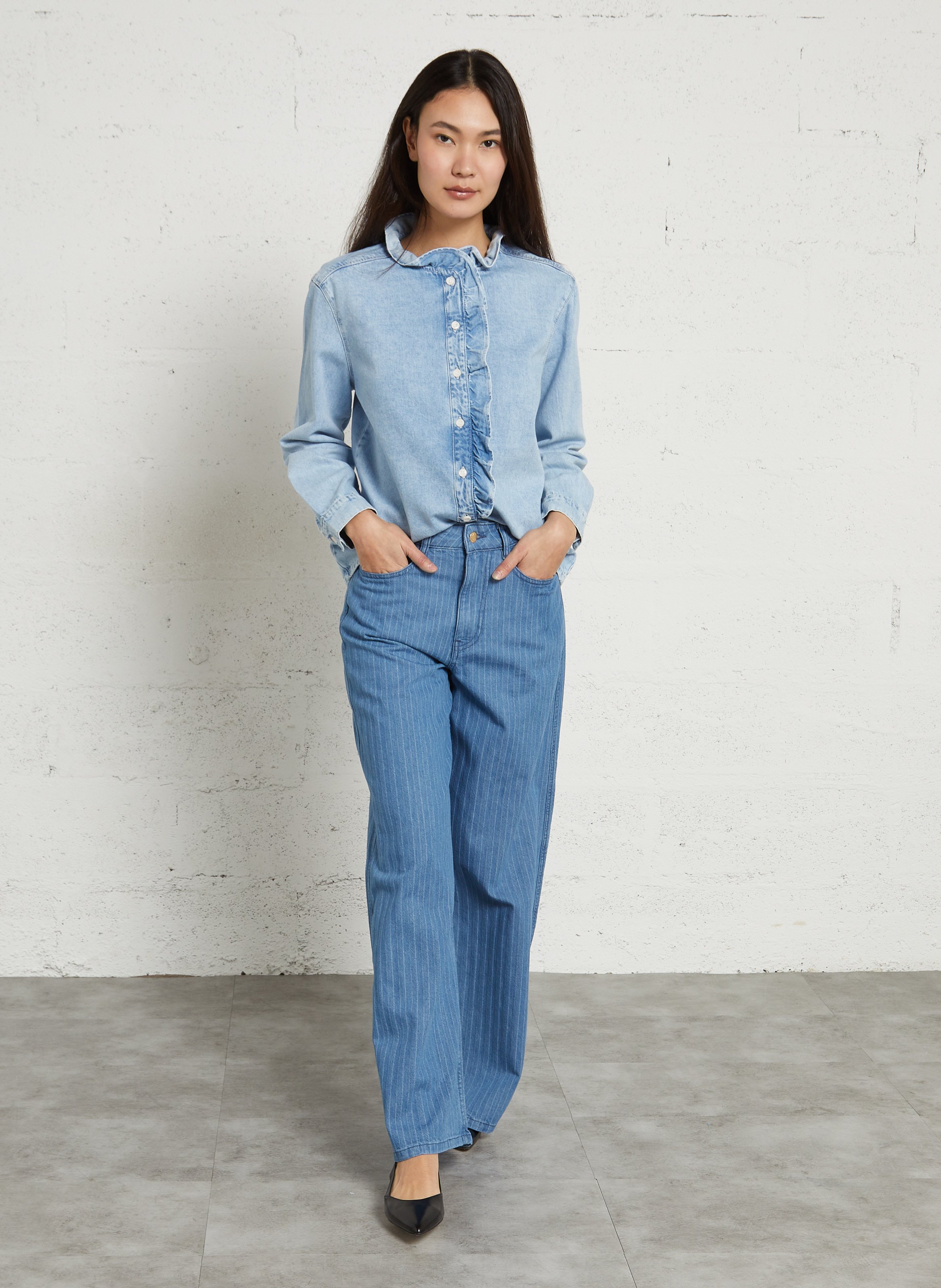 Jean large taille haute rayures fines DES PETITS HAUTS Bleu