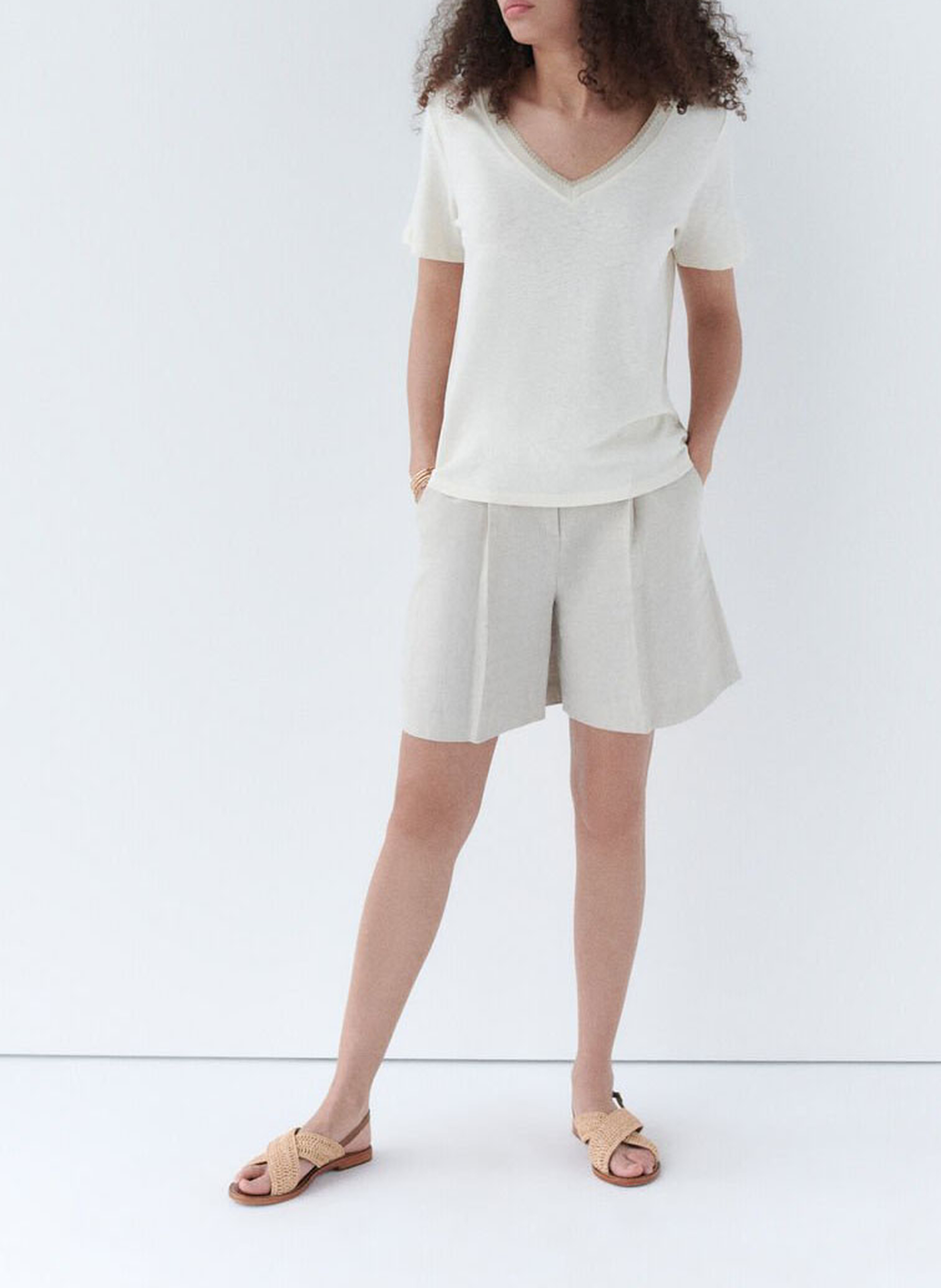 Straight cotton-blend V-neck T-shirt CAROLL Beige