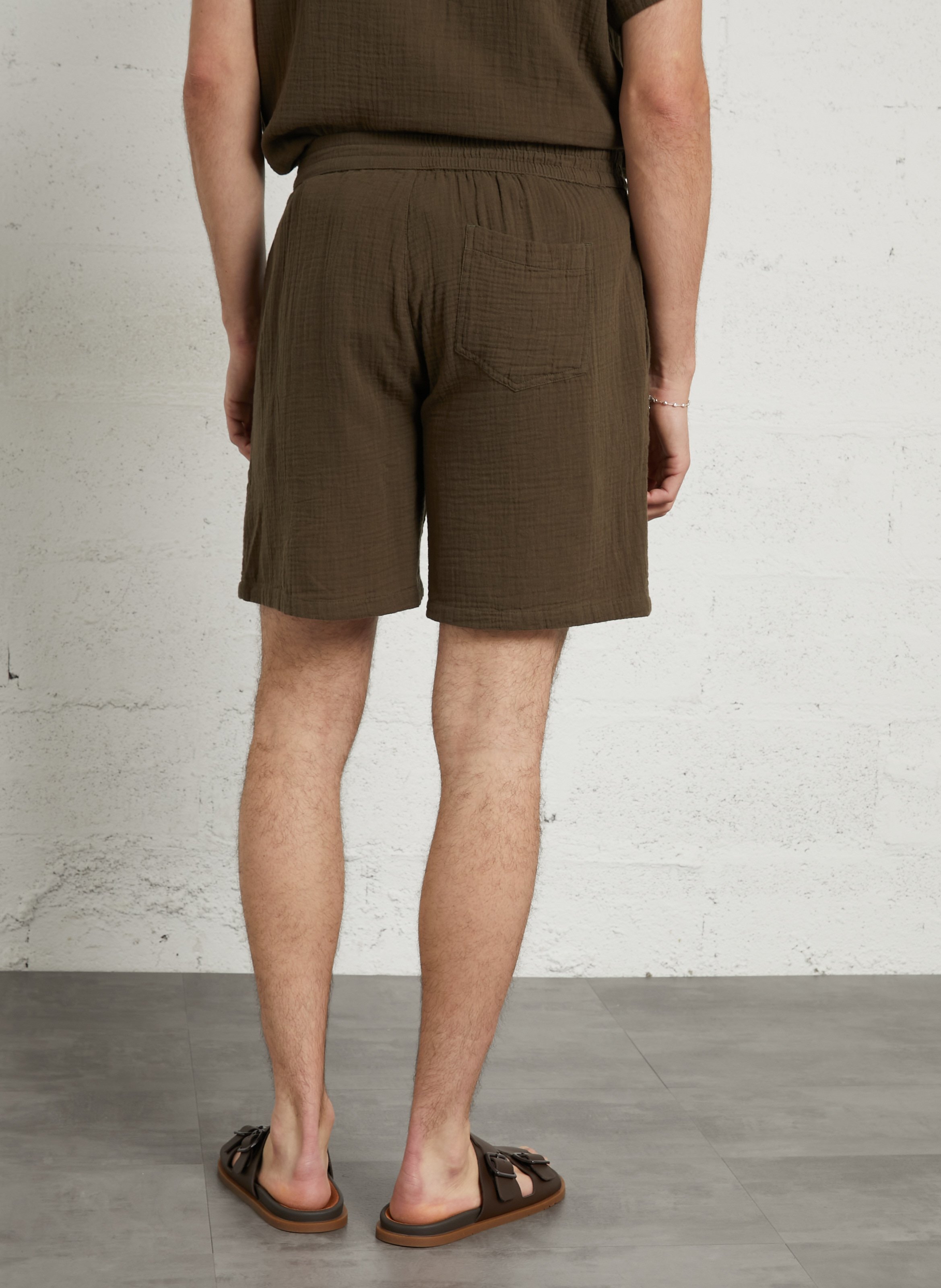 Short droit en gaze de coton SCHOTT Kaki