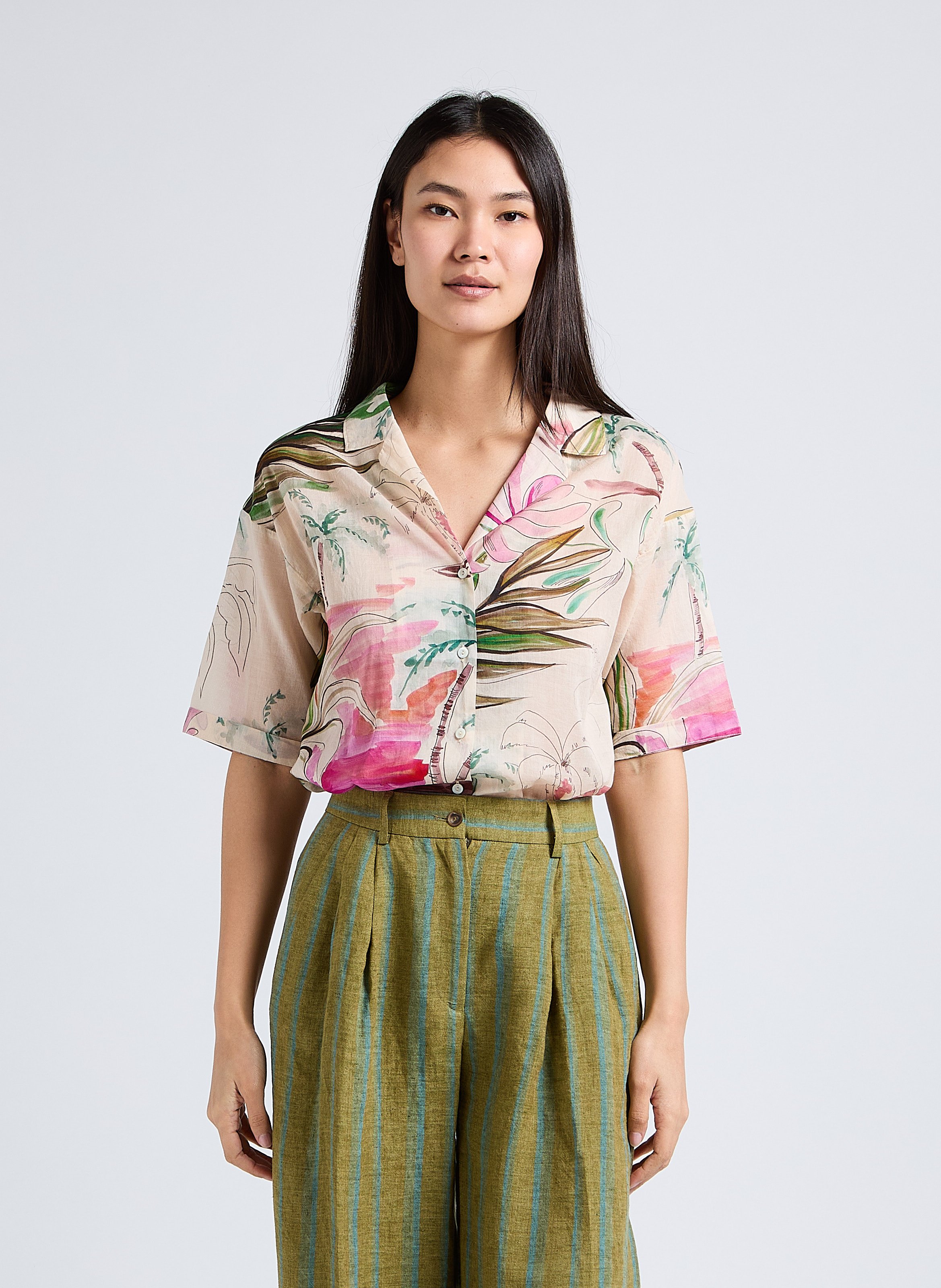 Loose-fit printed cotton shirt with classic collar DIEGA Pink