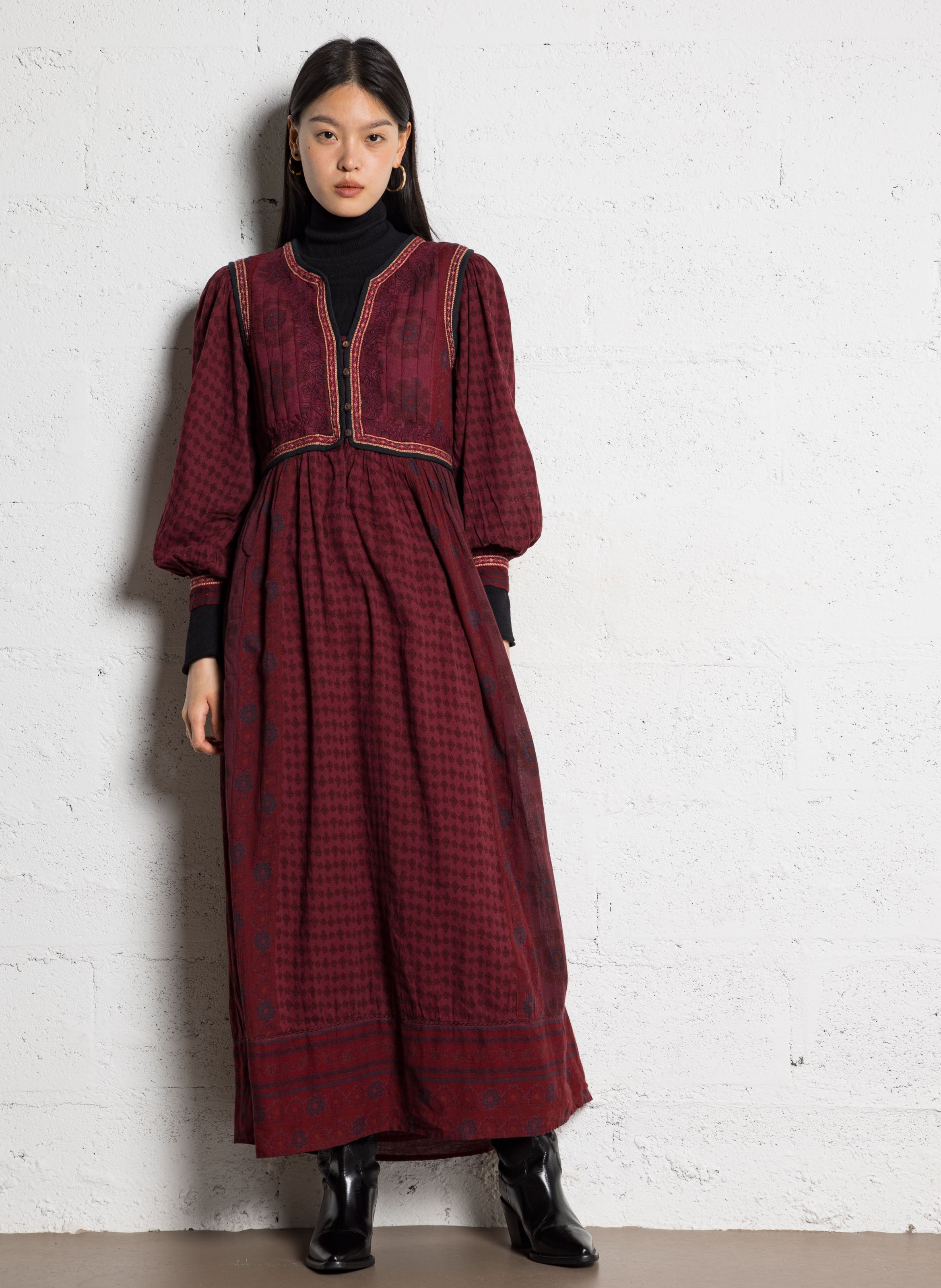 Long dress with Tunisian collar in floral pattern MAISON HOTEL Red