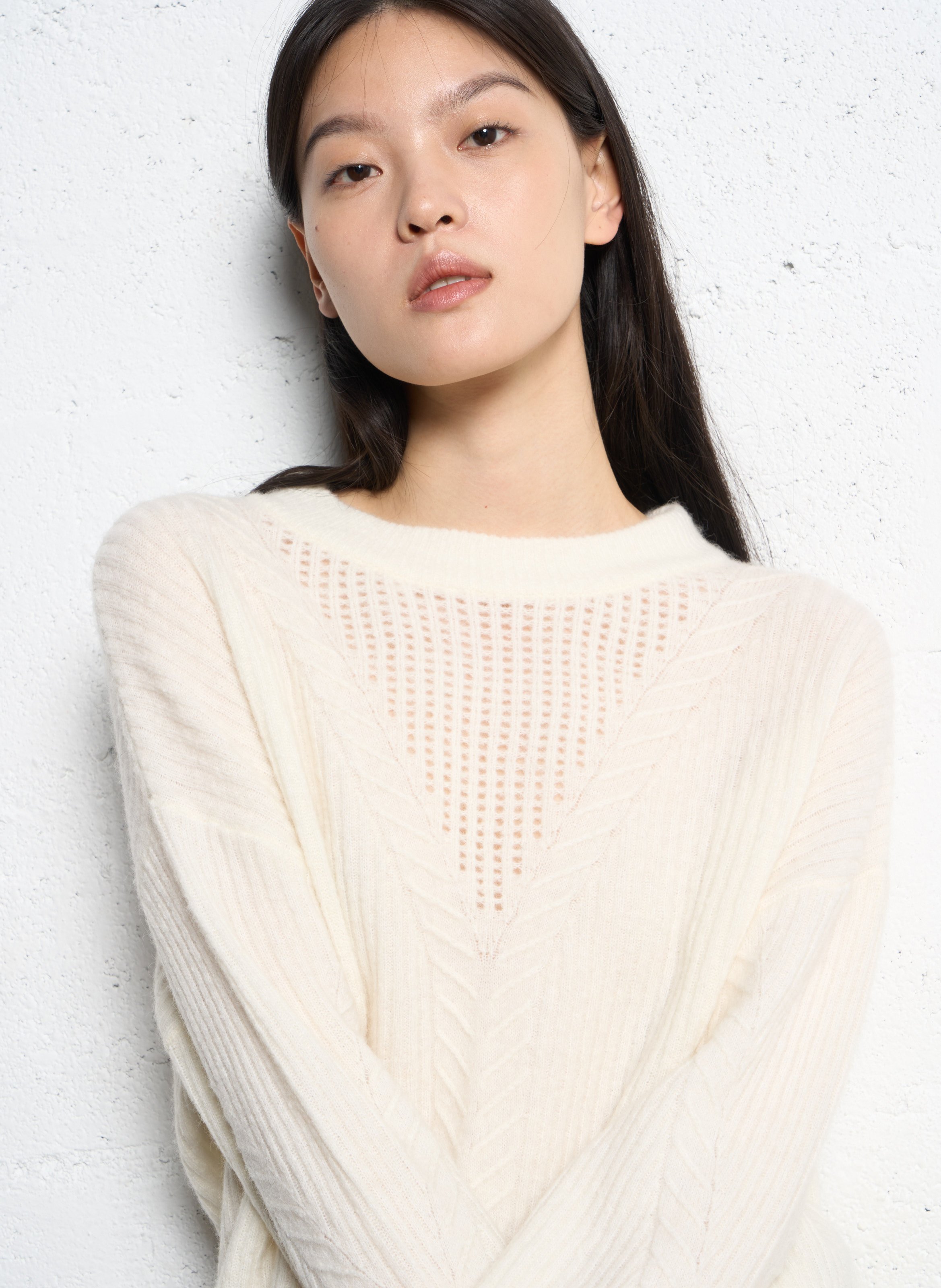 Pull droit col rond ajouré en laine mélangée SUNCOO Blanc