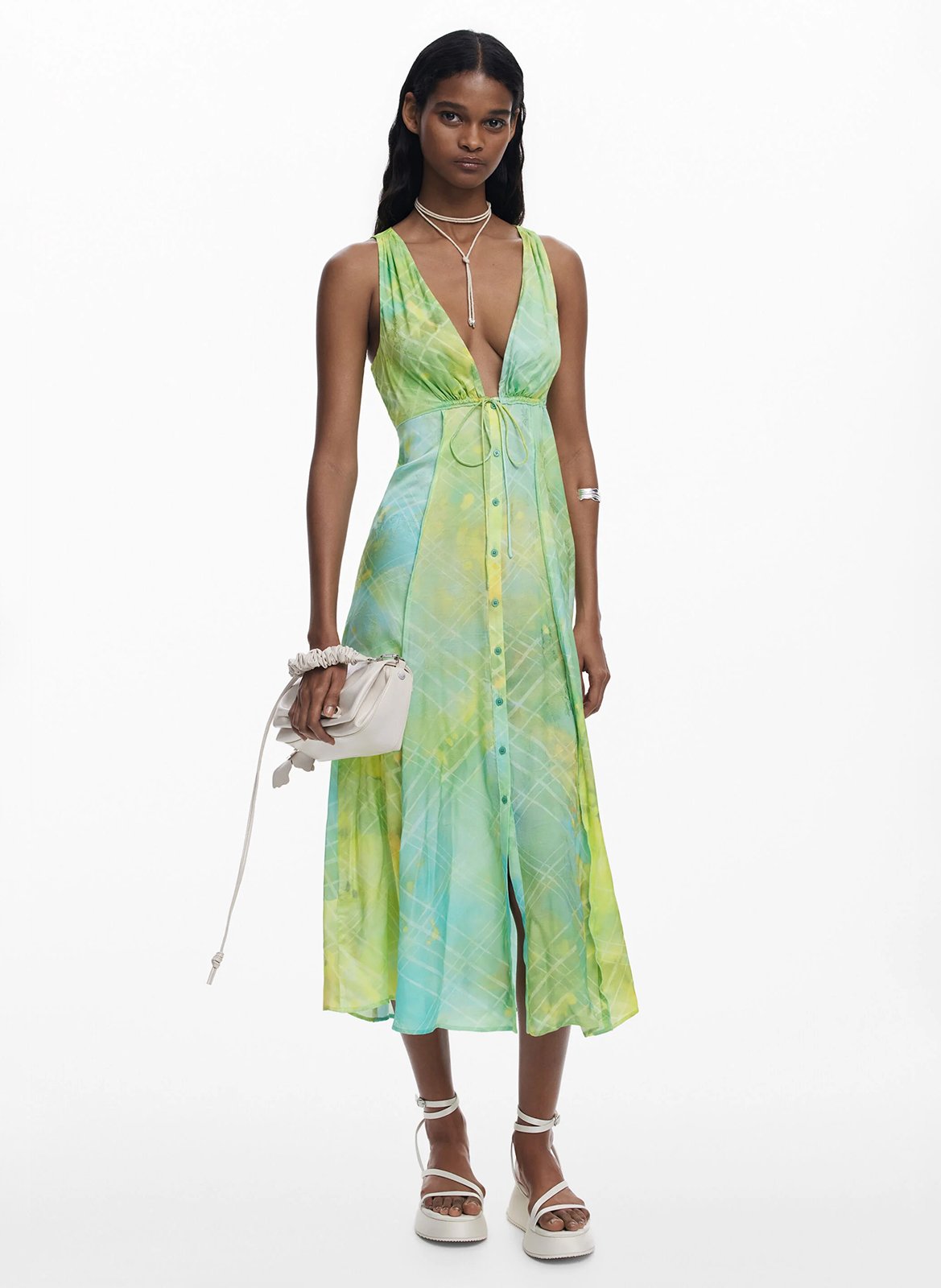 Robe longue col V imprimée  DESIGUAL Vert
