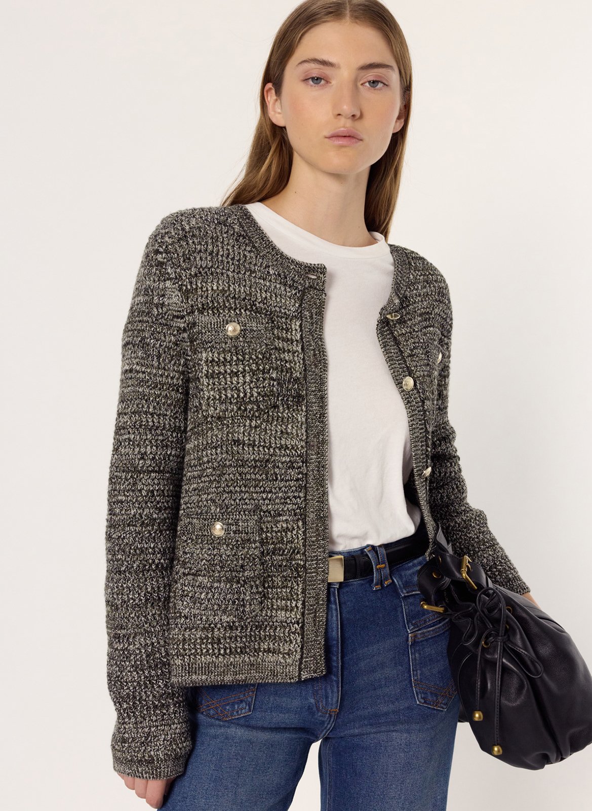 Round-neck mixed-knit cardigan GERARD DAREL Khaki
