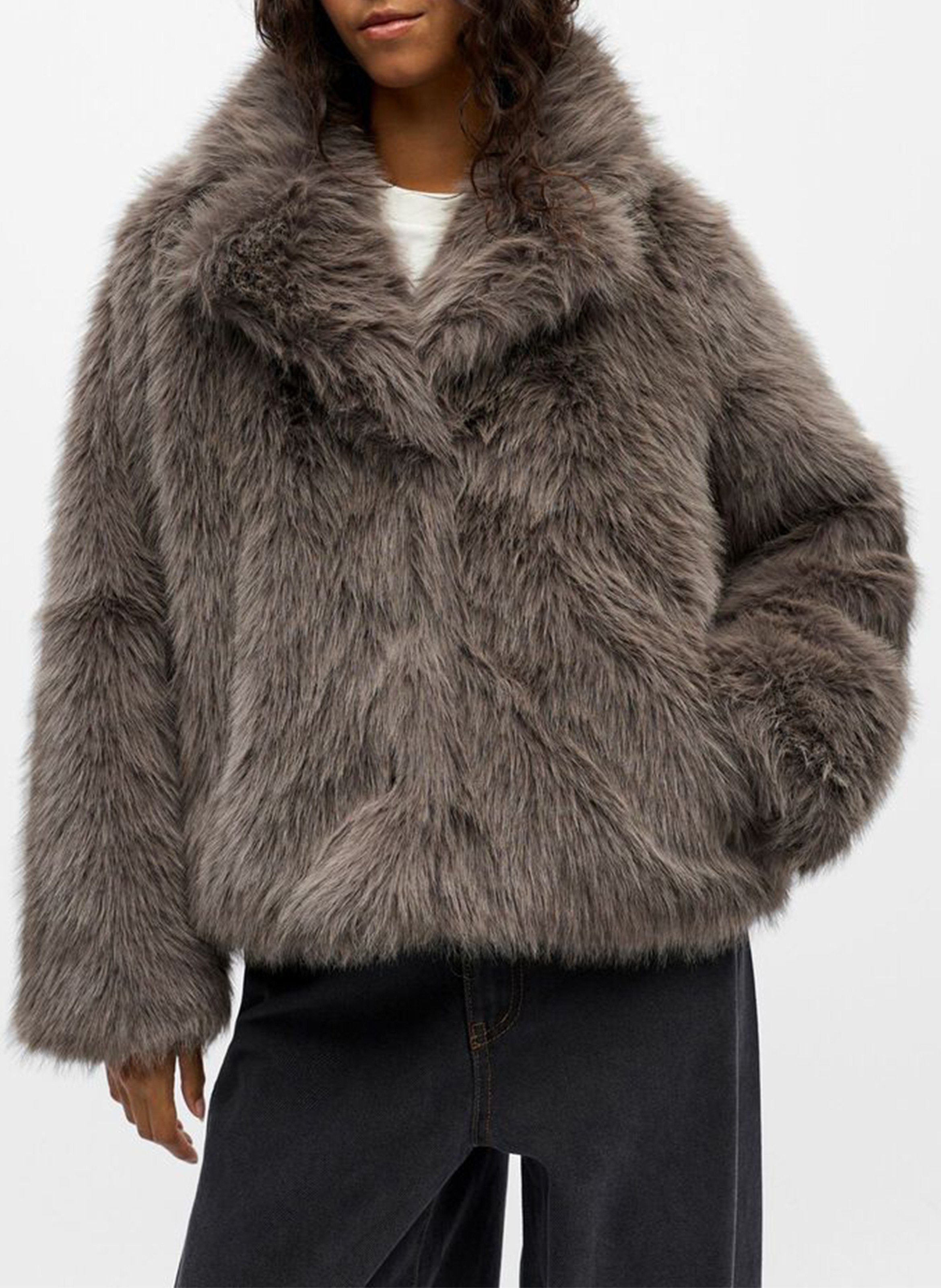 Manteau col classique en fourrure synthétique OBJECT Gris