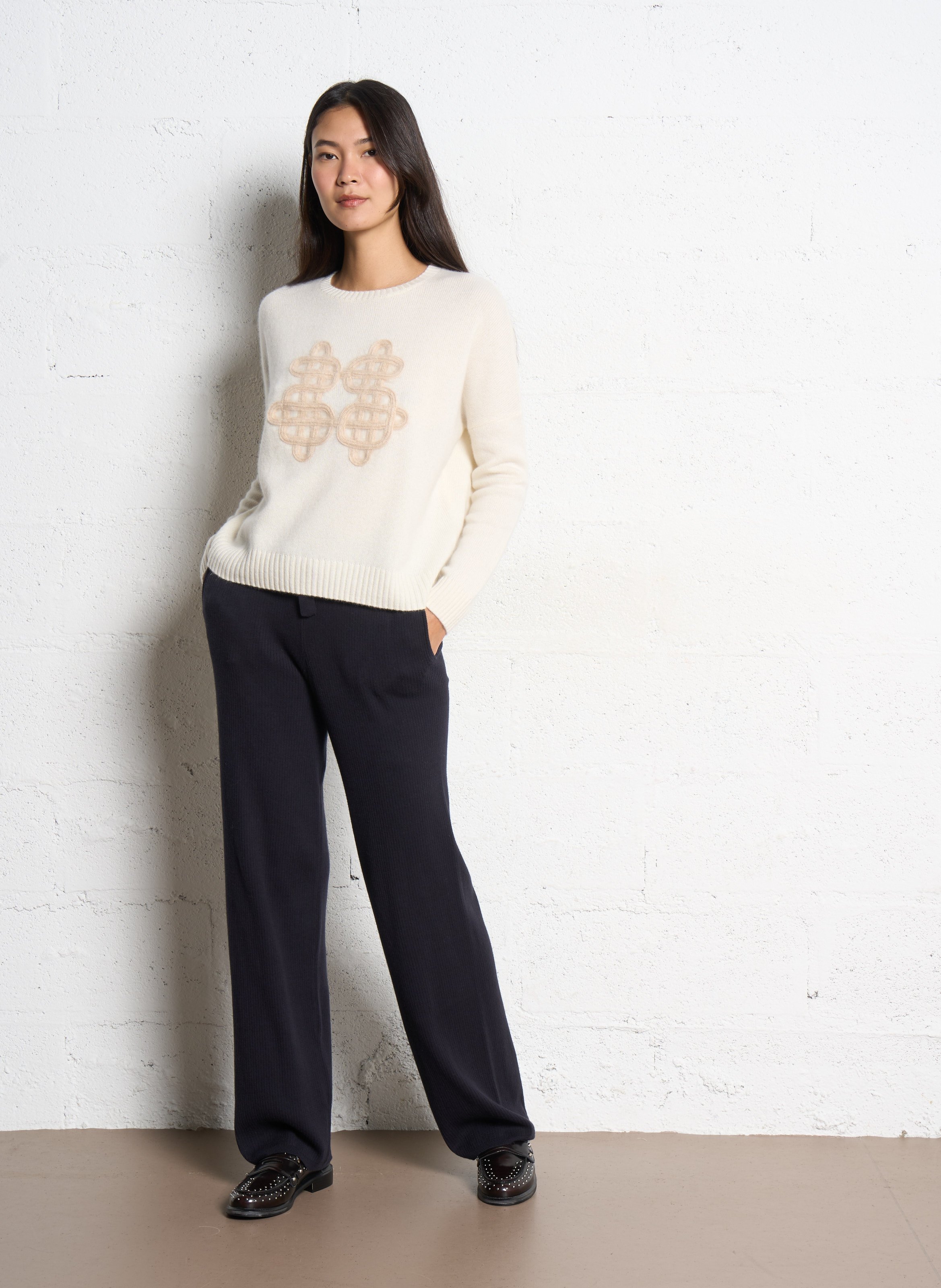 Pull ample col rond brodé en cachemire KUJTEN Beige